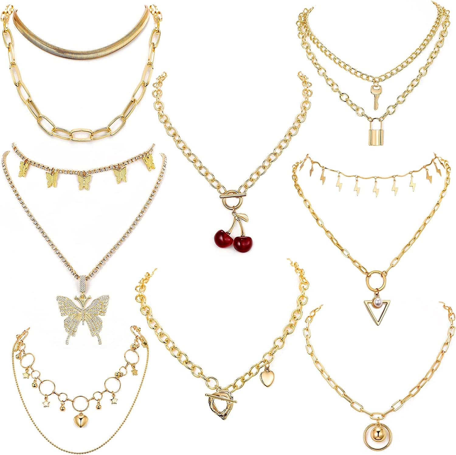 8 PCS Silver/Gold-Tone Chain Necklace Set for Women and Teen Girls and Boys - Layered Pendants Necklace with Multi-Style Design, Egirl Necklace Emo Chains Goth Chains Accessories Alt Jewelry #1-Gold