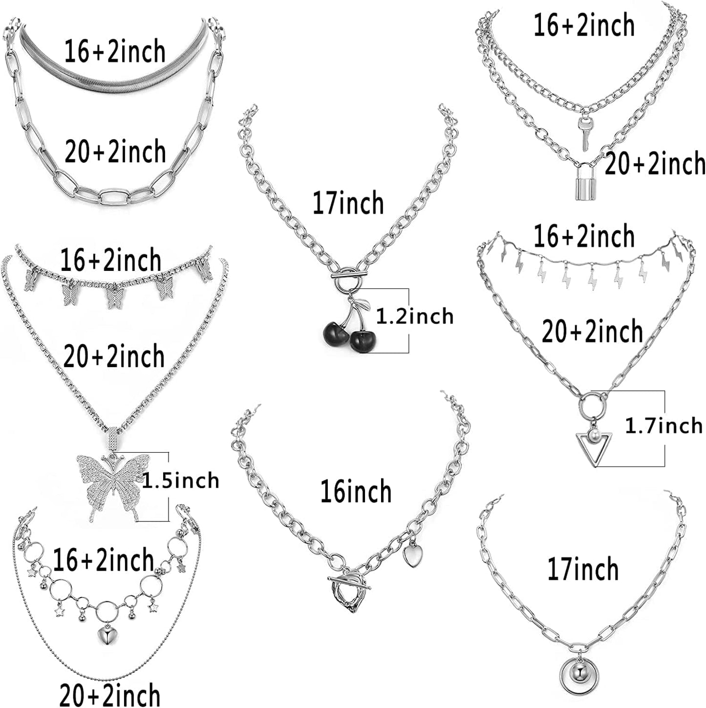8 PCS Silver/Gold-Tone Chain Necklace Set for Women and Teen Girls and Boys - Layered Pendants Necklace with Multi-Style Design, Egirl Necklace Emo Chains Goth Chains Accessories Alt Jewelry
