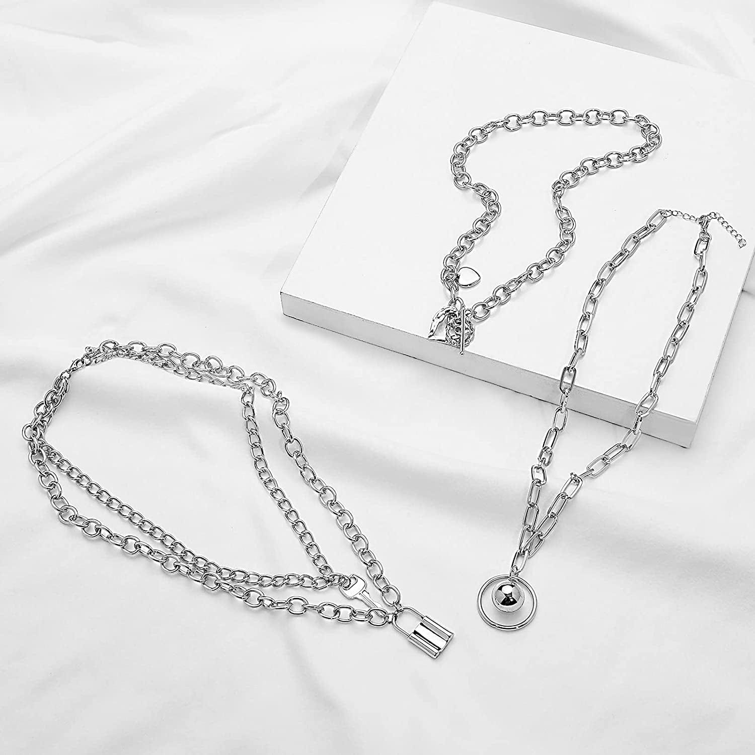 8 PCS Silver/Gold-Tone Chain Necklace Set for Women and Teen Girls and Boys - Layered Pendants Necklace with Multi-Style Design, Egirl Necklace Emo Chains Goth Chains Accessories Alt Jewelry