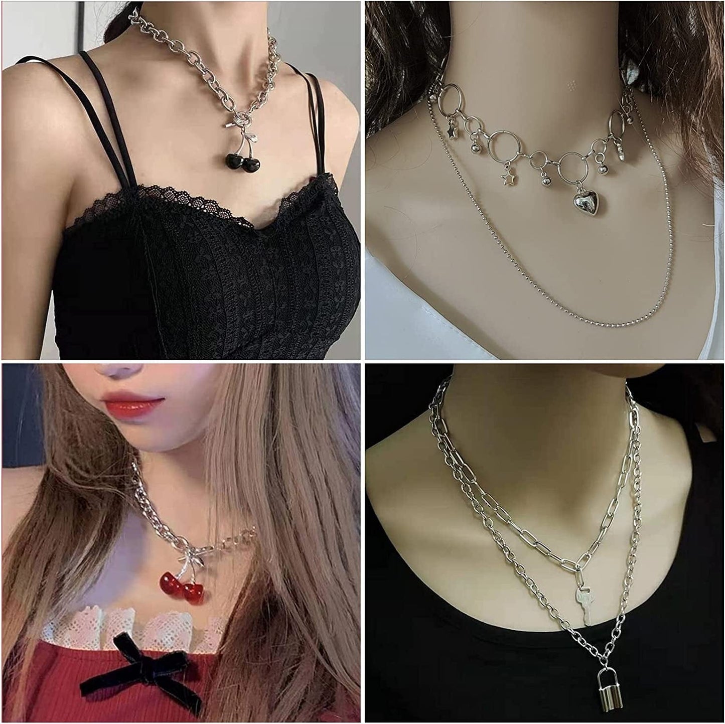 8 PCS Silver/Gold-Tone Chain Necklace Set for Women and Teen Girls and Boys - Layered Pendants Necklace with Multi-Style Design, Egirl Necklace Emo Chains Goth Chains Accessories Alt Jewelry