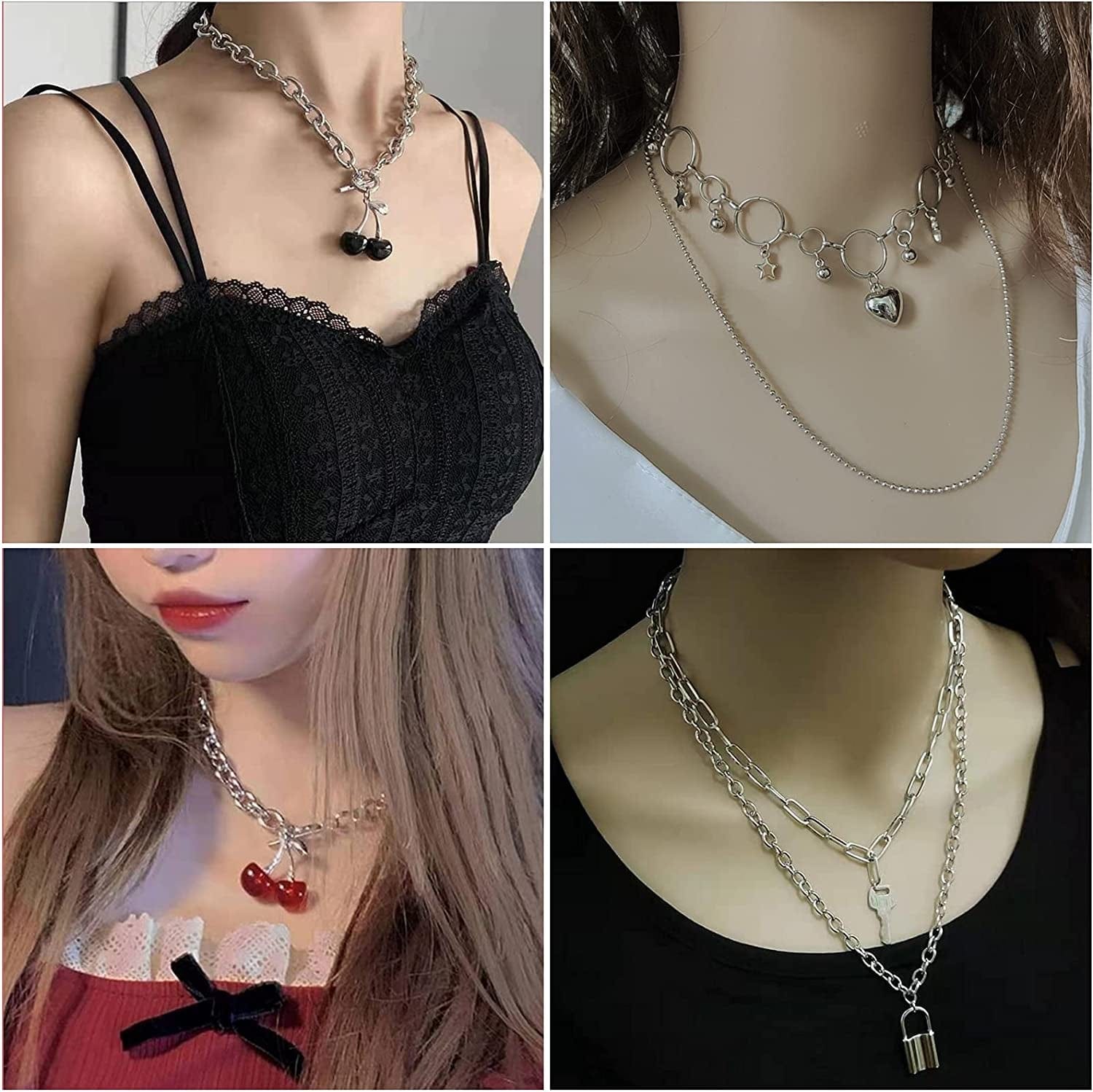 8 PCS Silver/Gold-Tone Chain Necklace Set for Women and Teen Girls and Boys - Layered Pendants Necklace with Multi-Style Design, Egirl Necklace Emo Chains Goth Chains Accessories Alt Jewelry