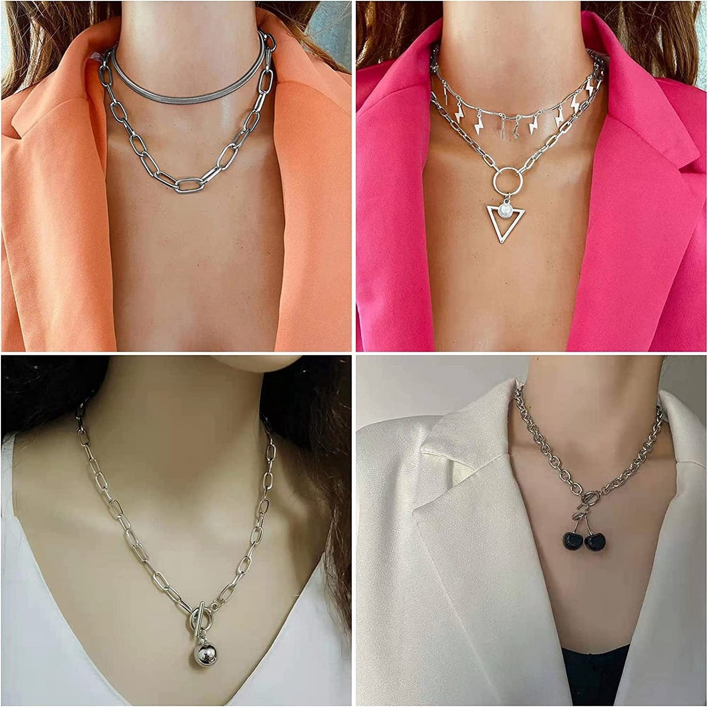 8 PCS Silver/Gold-Tone Chain Necklace Set for Women and Teen Girls and Boys - Layered Pendants Necklace with Multi-Style Design, Egirl Necklace Emo Chains Goth Chains Accessories Alt Jewelry