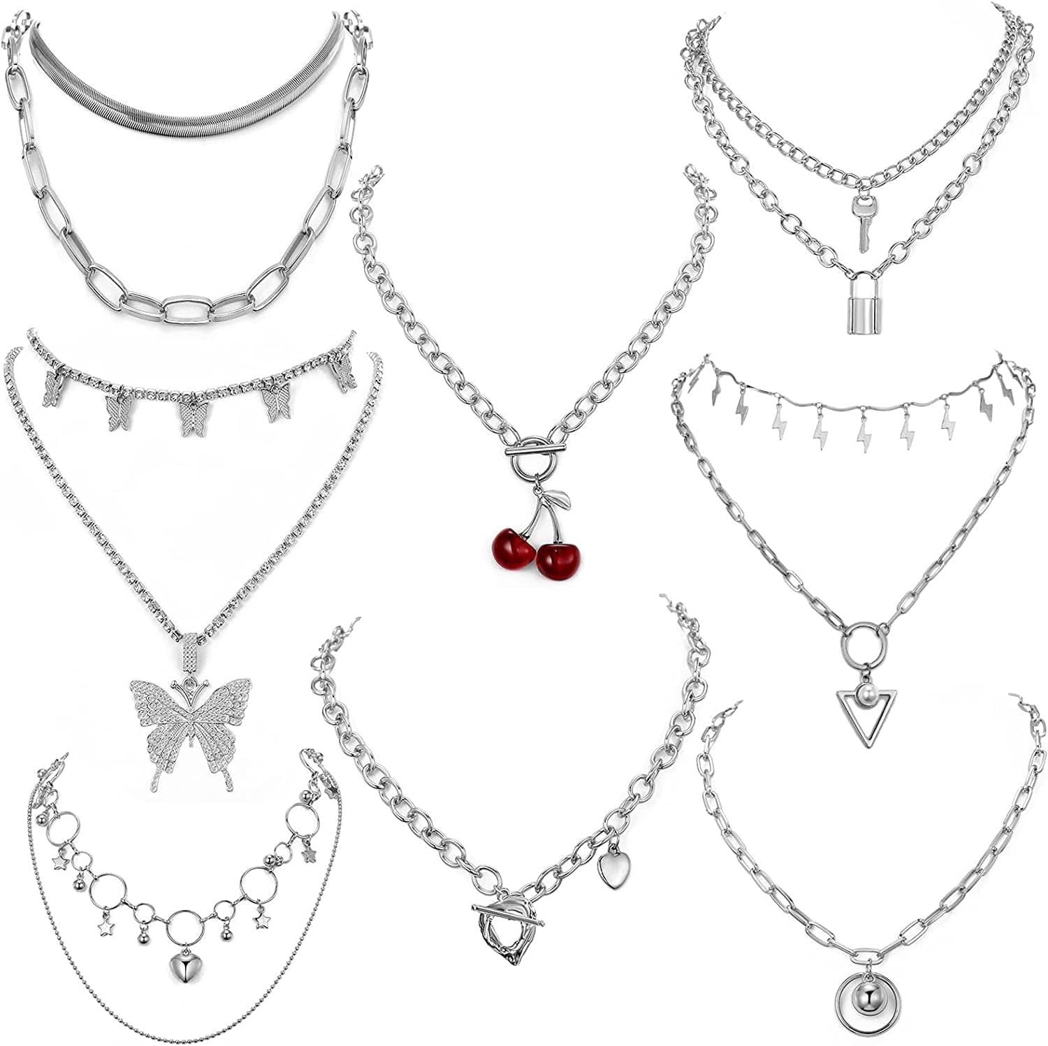 8 PCS Silver/Gold-Tone Chain Necklace Set for Women and Teen Girls and Boys - Layered Pendants Necklace with Multi-Style Design, Egirl Necklace Emo Chains Goth Chains Accessories Alt Jewelry #2-Silver