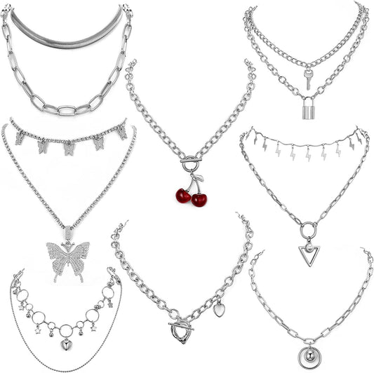 8 PCS Silver/Gold-Tone Chain Necklace Set for Women and Teen Girls and Boys - Layered Pendants Necklace with Multi-Style Design, Egirl Necklace Emo Chains Goth Chains Accessories Alt Jewelry #2-Silver