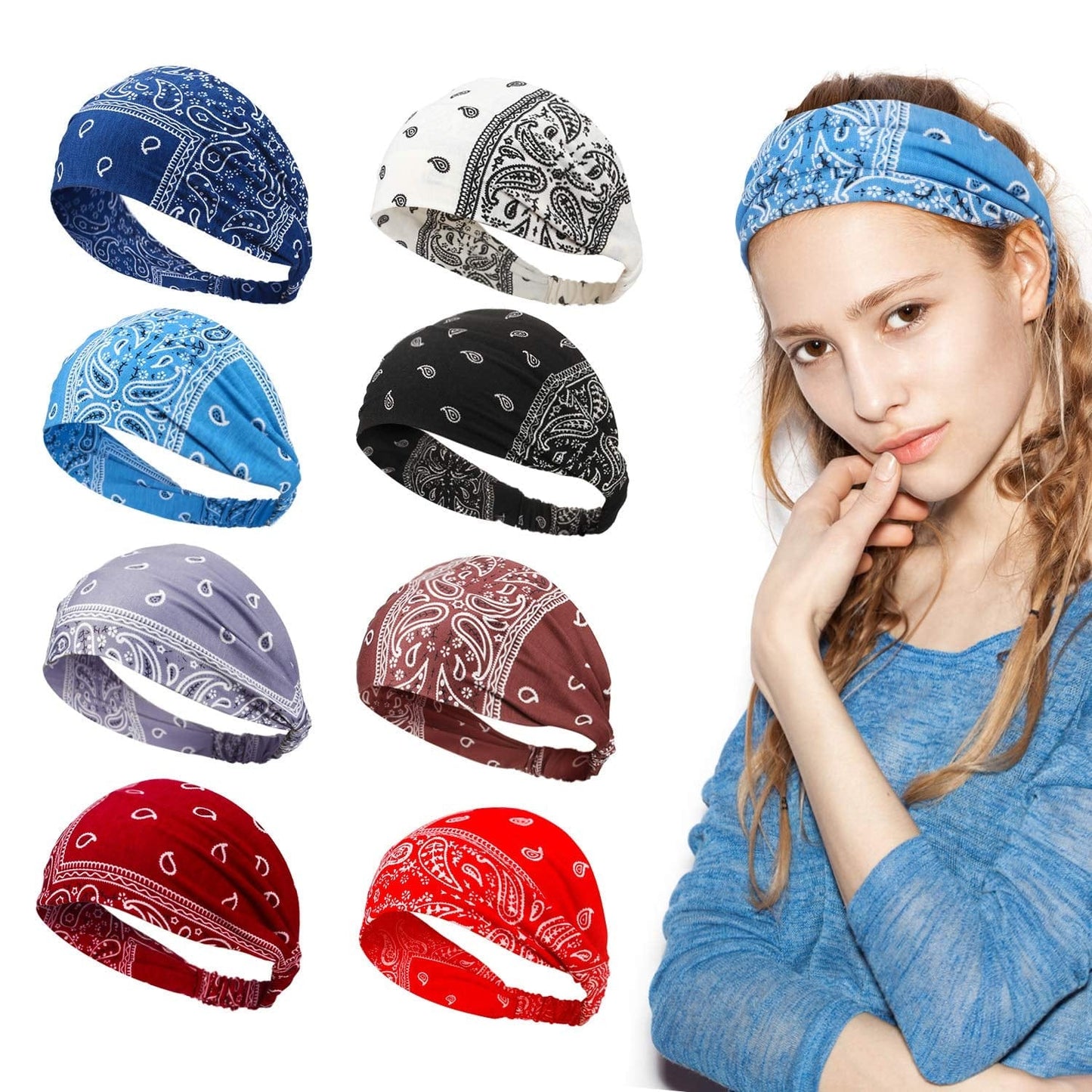 8 Pieces Boho Bandana Headbands Elastic Paisley Headbands Stretchy Yoga Headwraps Vintage Wide Hairbands Cute Hair Accessories for Women Girls Favors Apparel & Accessories > Clothing Accessories > Bandanas & Headties WILLBOND
