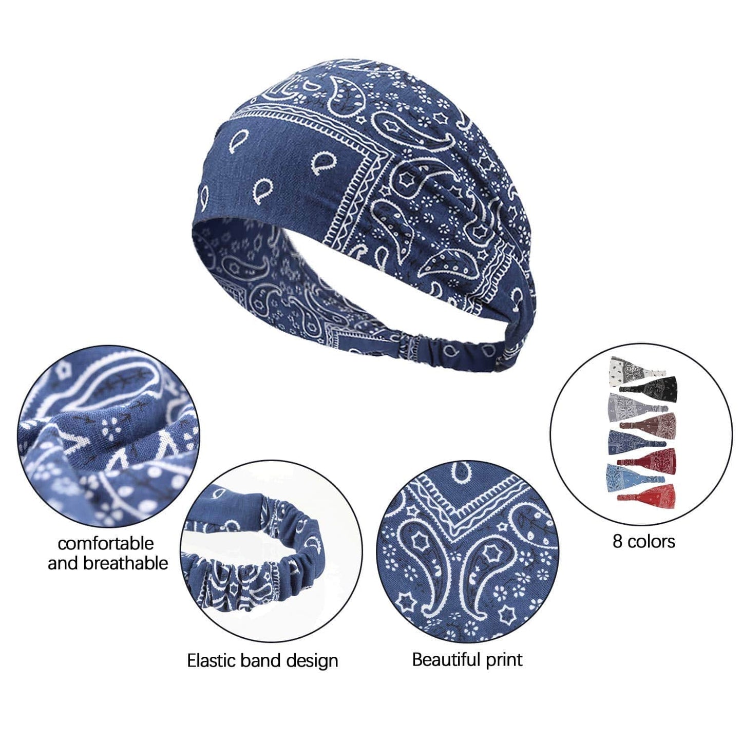 8 Pieces Boho Bandana Headbands Elastic Paisley Headbands Stretchy Yoga Headwraps Vintage Wide Hairbands Cute Hair Accessories for Women Girls Favors Apparel & Accessories > Clothing Accessories > Bandanas & Headties WILLBOND