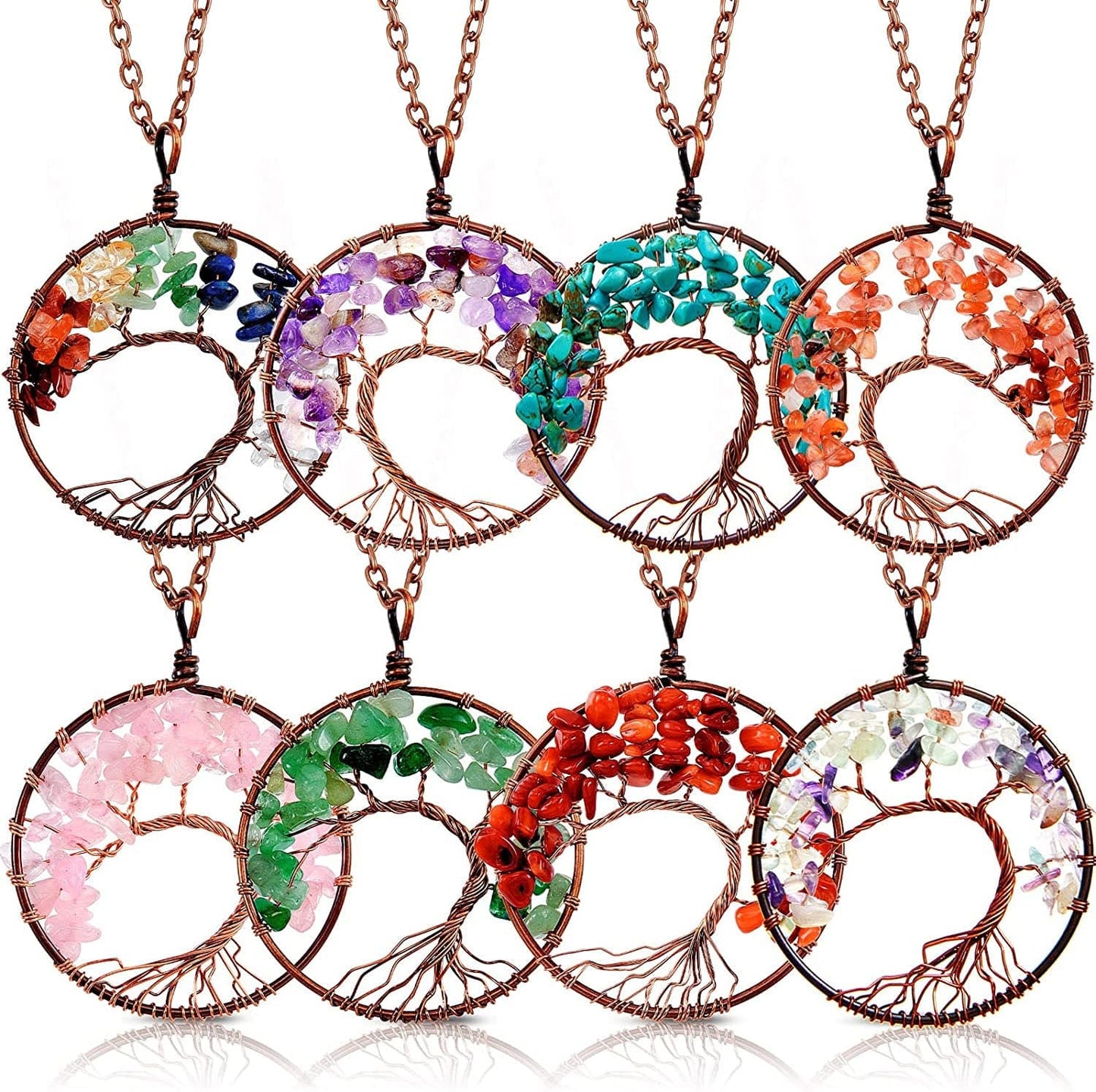 8 Pieces Life Tree Pendant Charms Gemstone Chakra Crystal Quartz Pendants Chakra Healing Charm for Necklace Earrings Bracelets Jewelry Making, Assorted Colors (Silver Chain Style) Bronze Chain Style
