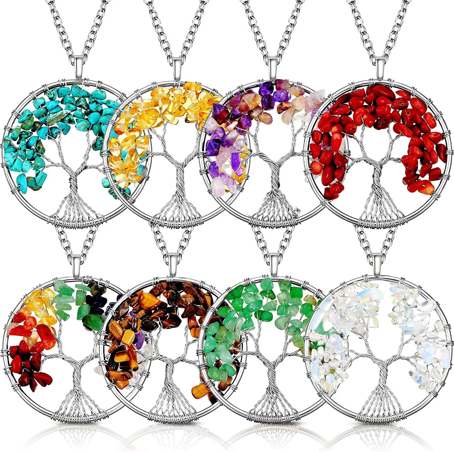 8 Pieces Life Tree Pendant Charms Gemstone Chakra Crystal Quartz Pendants Chakra Healing Charm for Necklace Earrings Bracelets Jewelry Making, Assorted Colors (Silver Chain Style) Fresh Style
