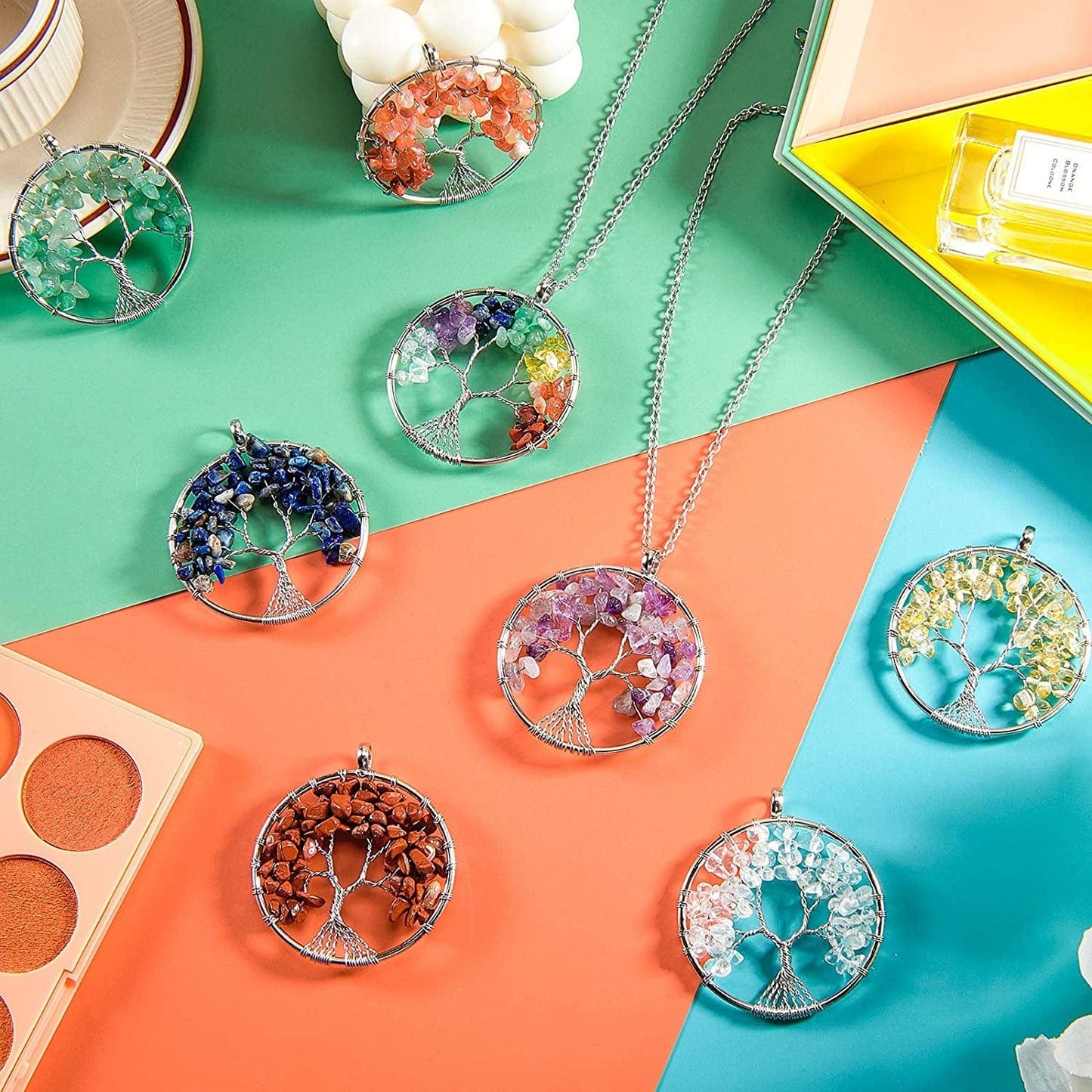 8 Pieces Life Tree Pendant Charms Gemstone Chakra Crystal Quartz Pendants Chakra Healing Charm for Necklace Earrings Bracelets Jewelry Making, Assorted Colors (Silver Chain Style)