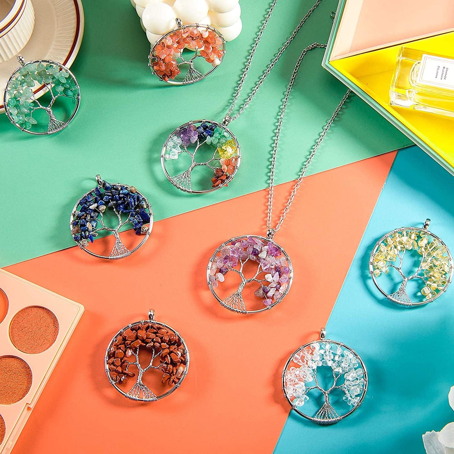 8 Pieces Life Tree Pendant Charms Gemstone Chakra Crystal Quartz Pendants Chakra Healing Charm for Necklace Earrings Bracelets Jewelry Making, Assorted Colors (Silver Chain Style)
