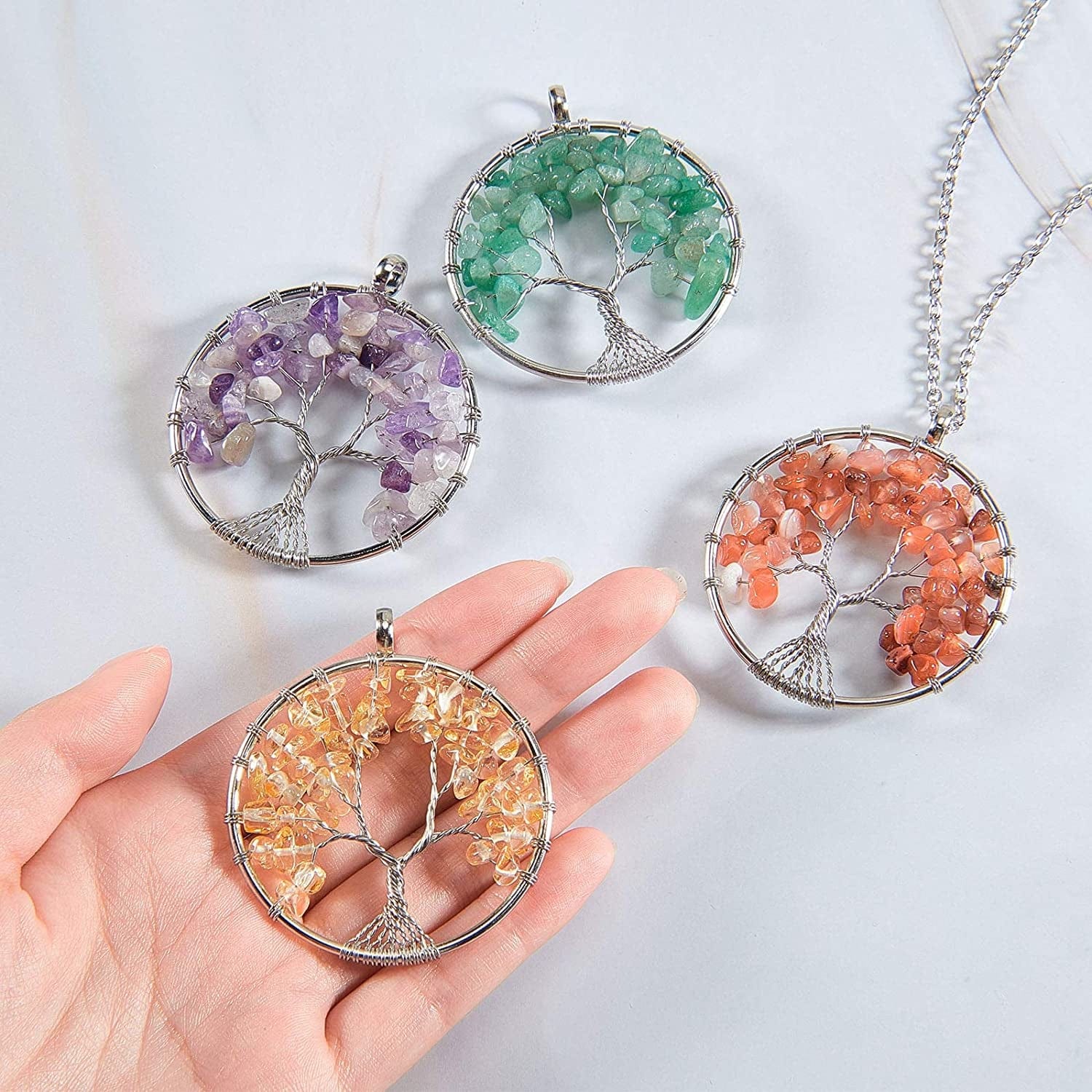 8 Pieces Life Tree Pendant Charms Gemstone Chakra Crystal Quartz Pendants Chakra Healing Charm for Necklace Earrings Bracelets Jewelry Making, Assorted Colors (Silver Chain Style)