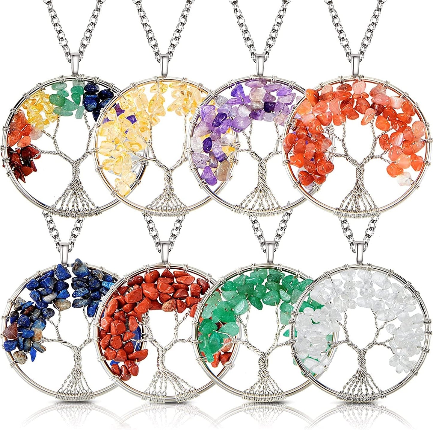 8 Pieces Life Tree Pendant Charms Gemstone Chakra Crystal Quartz Pendants Chakra Healing Charm for Necklace Earrings Bracelets Jewelry Making, Assorted Colors (Silver Chain Style) Silver Chain Style