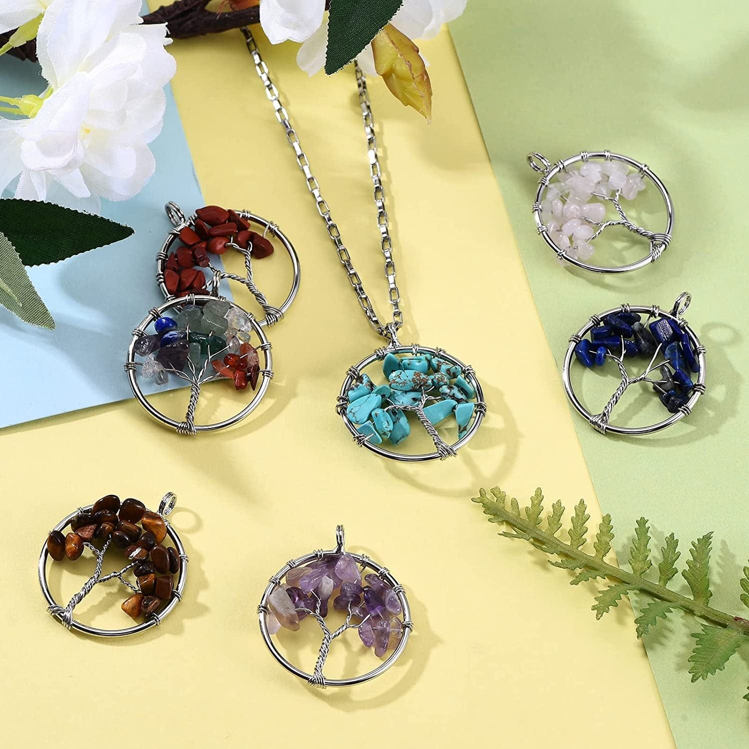 8 Pieces Tree of Life Pendant Charms Gemstone Chakra Stone Pendants Healing Crystals Charm for Necklace Earring Jewelry Making