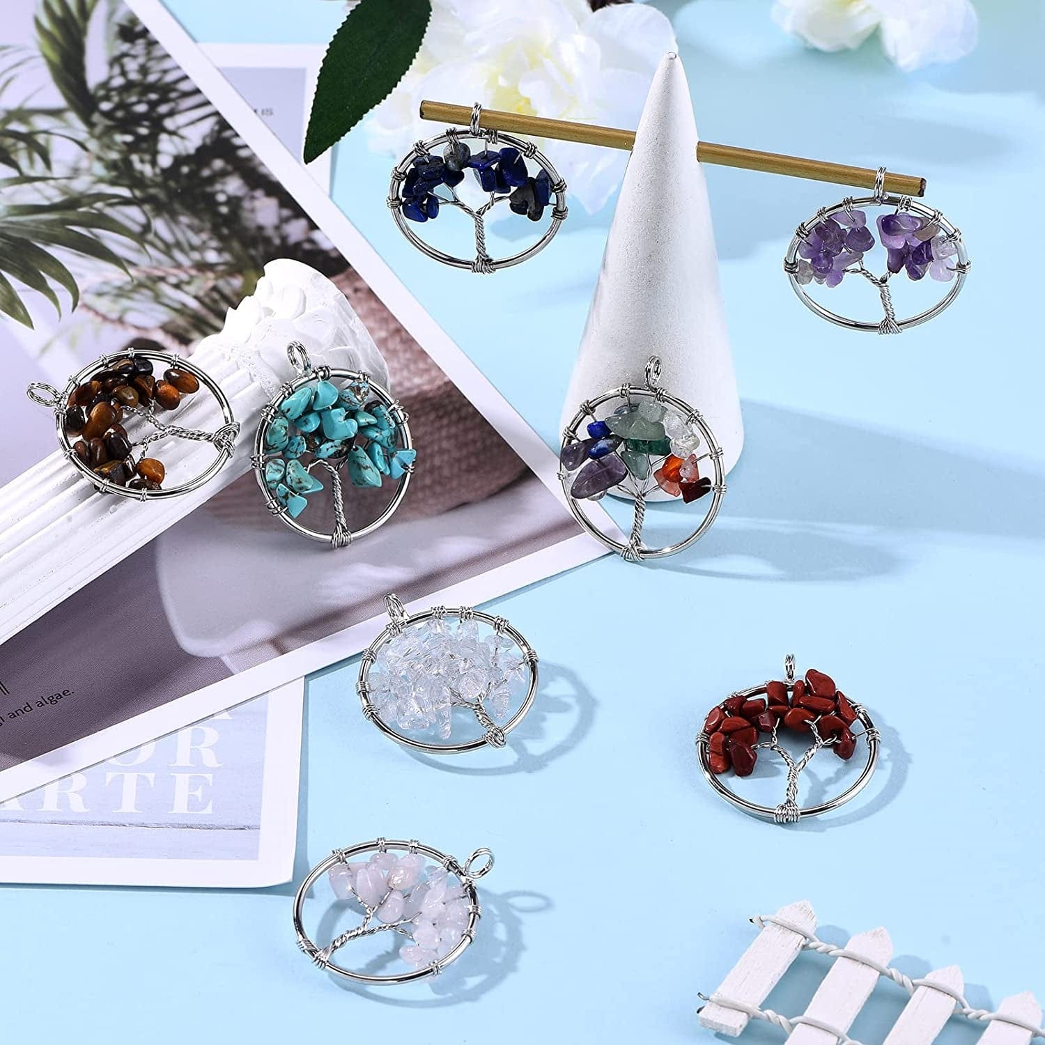 8 Pieces Tree of Life Pendant Charms Gemstone Chakra Stone Pendants Healing Crystals Charm for Necklace Earring Jewelry Making