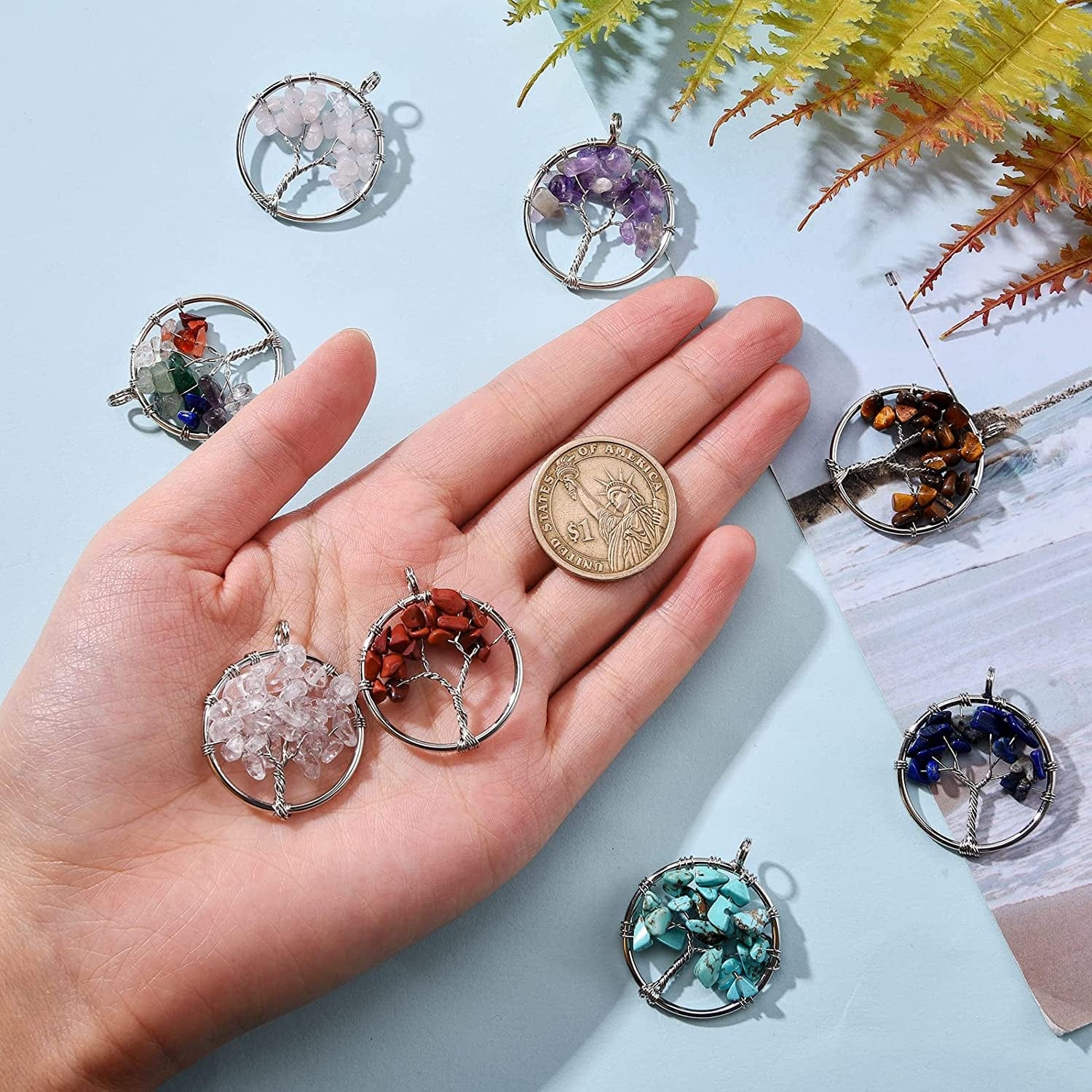 8 Pieces Tree of Life Pendant Charms Gemstone Chakra Stone Pendants Healing Crystals Charm for Necklace Earring Jewelry Making