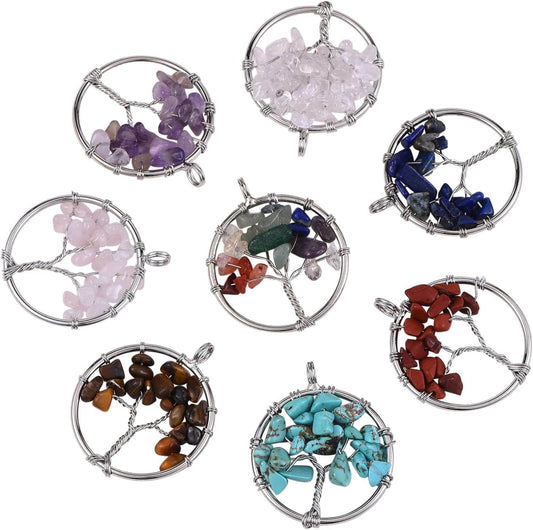 8 Pieces Tree of Life Pendant Charms Gemstone Chakra Stone Pendants Healing Crystals Charm for Necklace Earring Jewelry Making