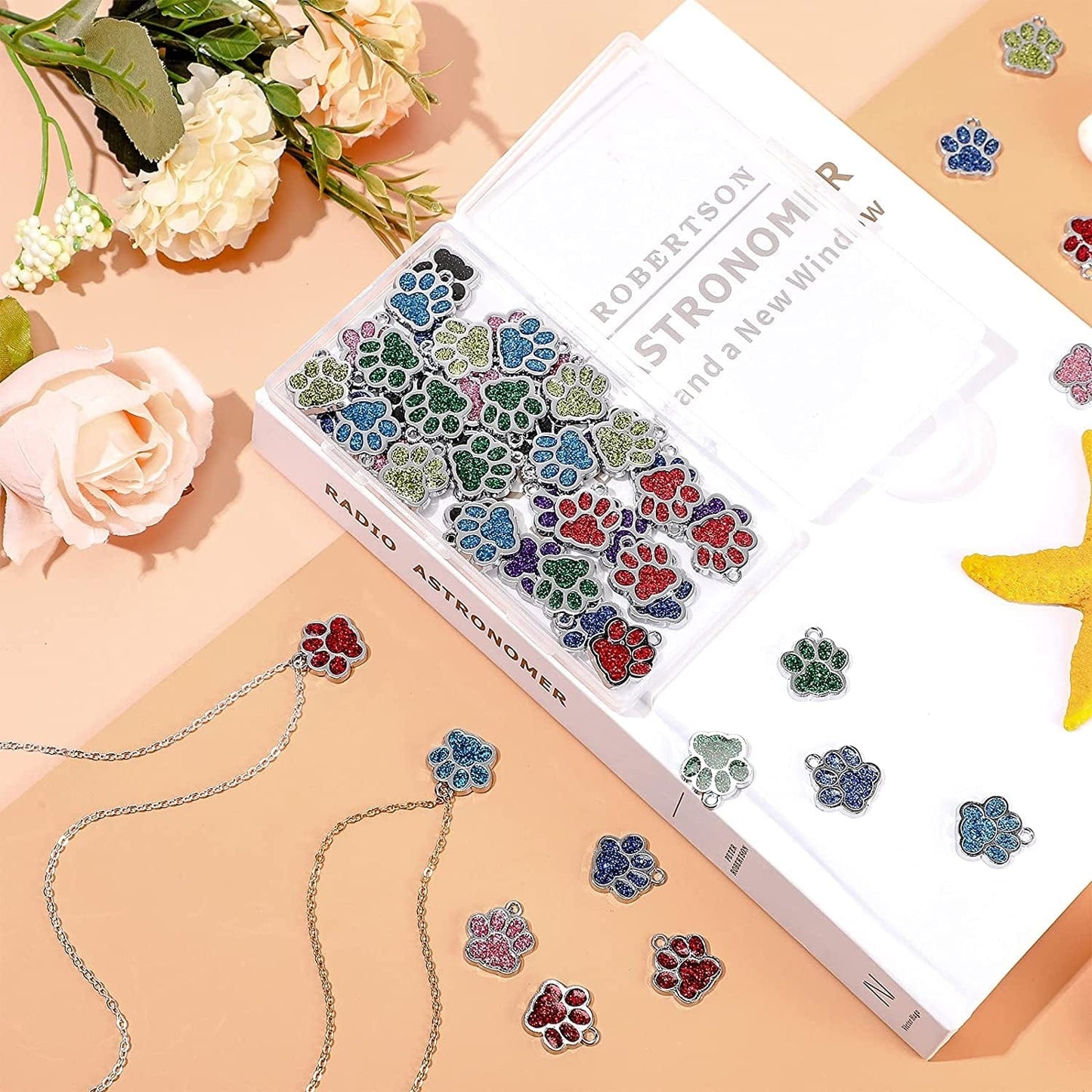 80 Pieces Animal Cat Dog Paw Print Charms Pendants Crystal Beads Glitter Footprint Jewelry Findings for Jewelry Making DIY Necklace Bracelet, 8 Colors