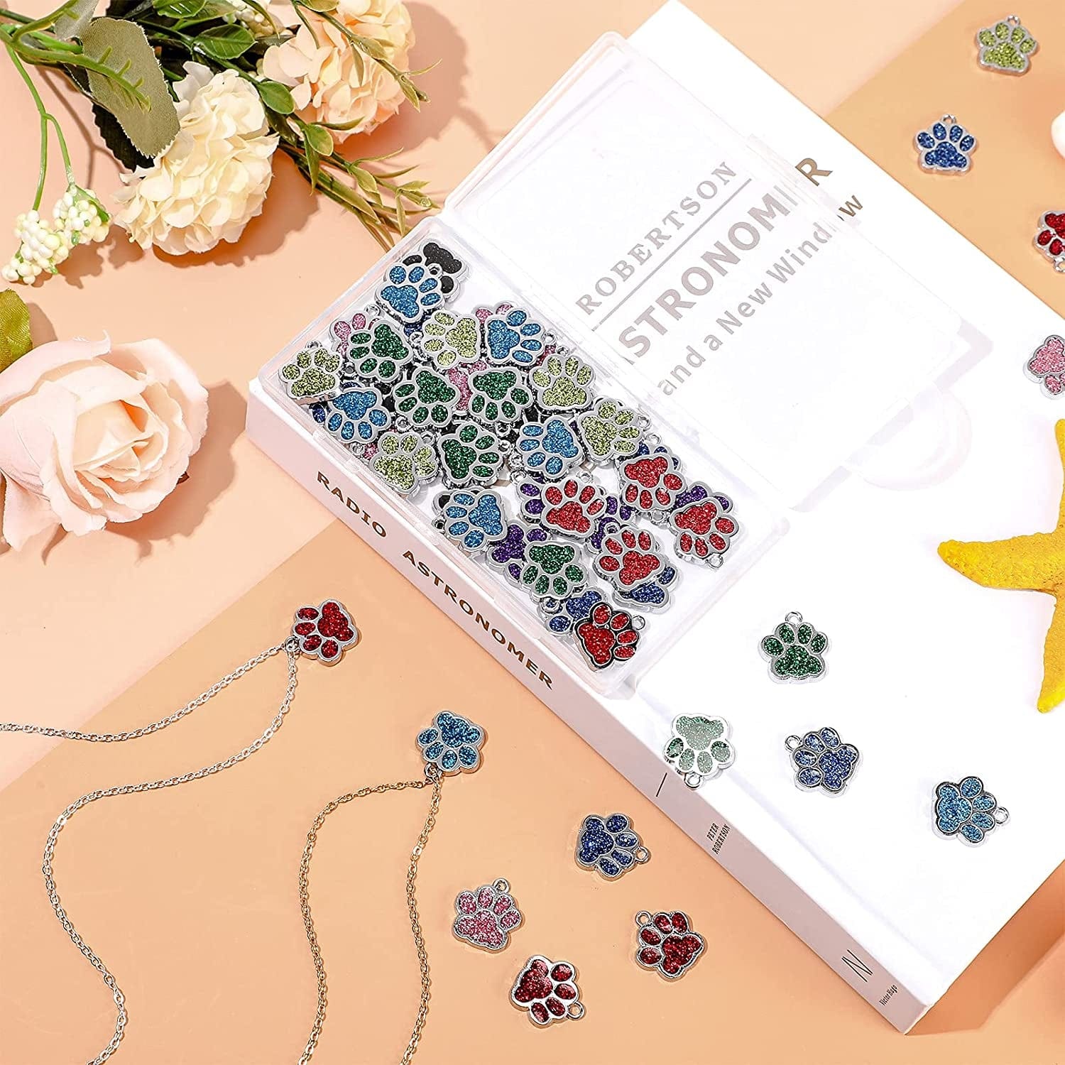 80 Pieces Animal Cat Dog Paw Print Charms Pendants Crystal Beads Glitter Footprint Jewelry Findings for Jewelry Making DIY Necklace Bracelet, 8 Colors