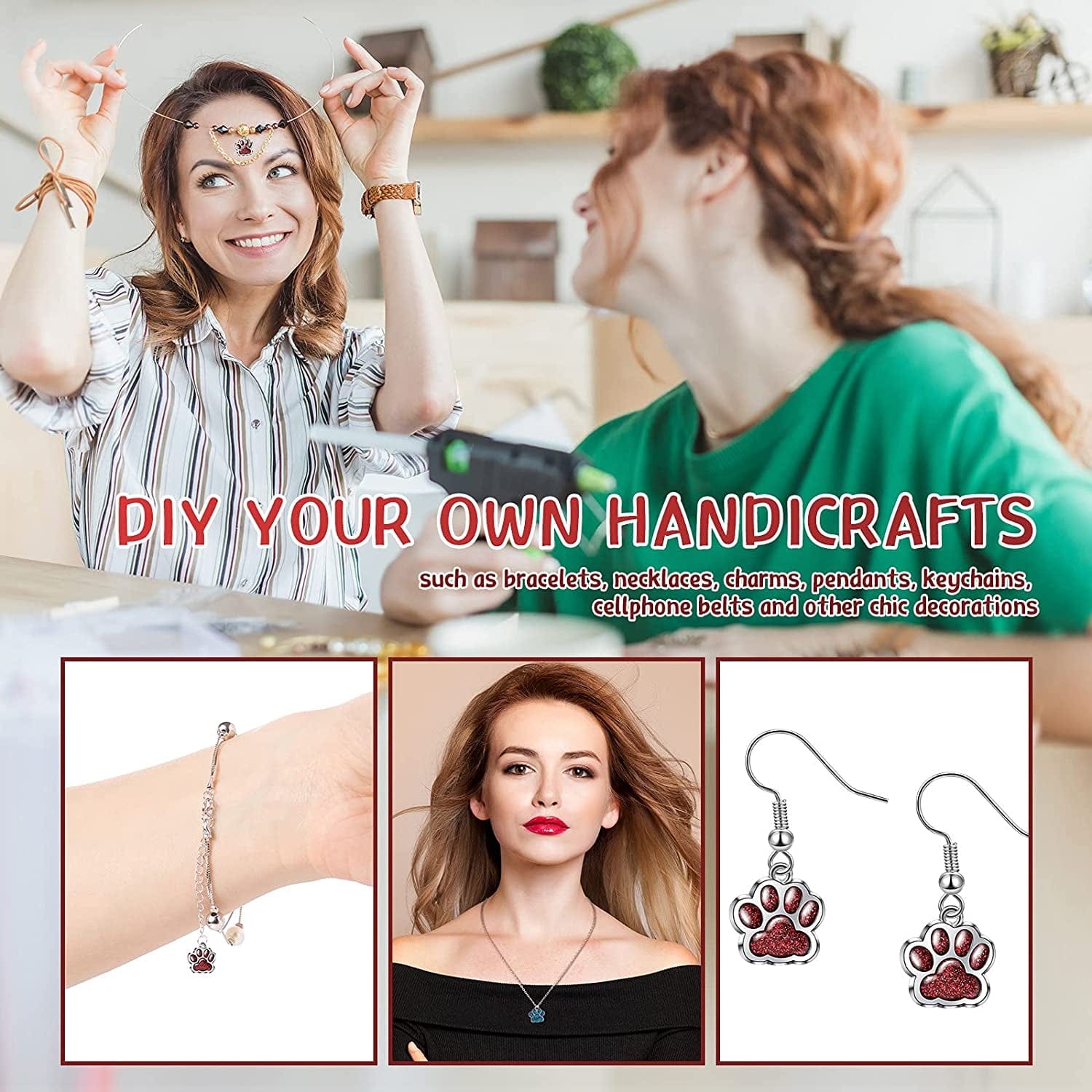 80 Pieces Animal Cat Dog Paw Print Charms Pendants Crystal Beads Glitter Footprint Jewelry Findings for Jewelry Making DIY Necklace Bracelet, 8 Colors