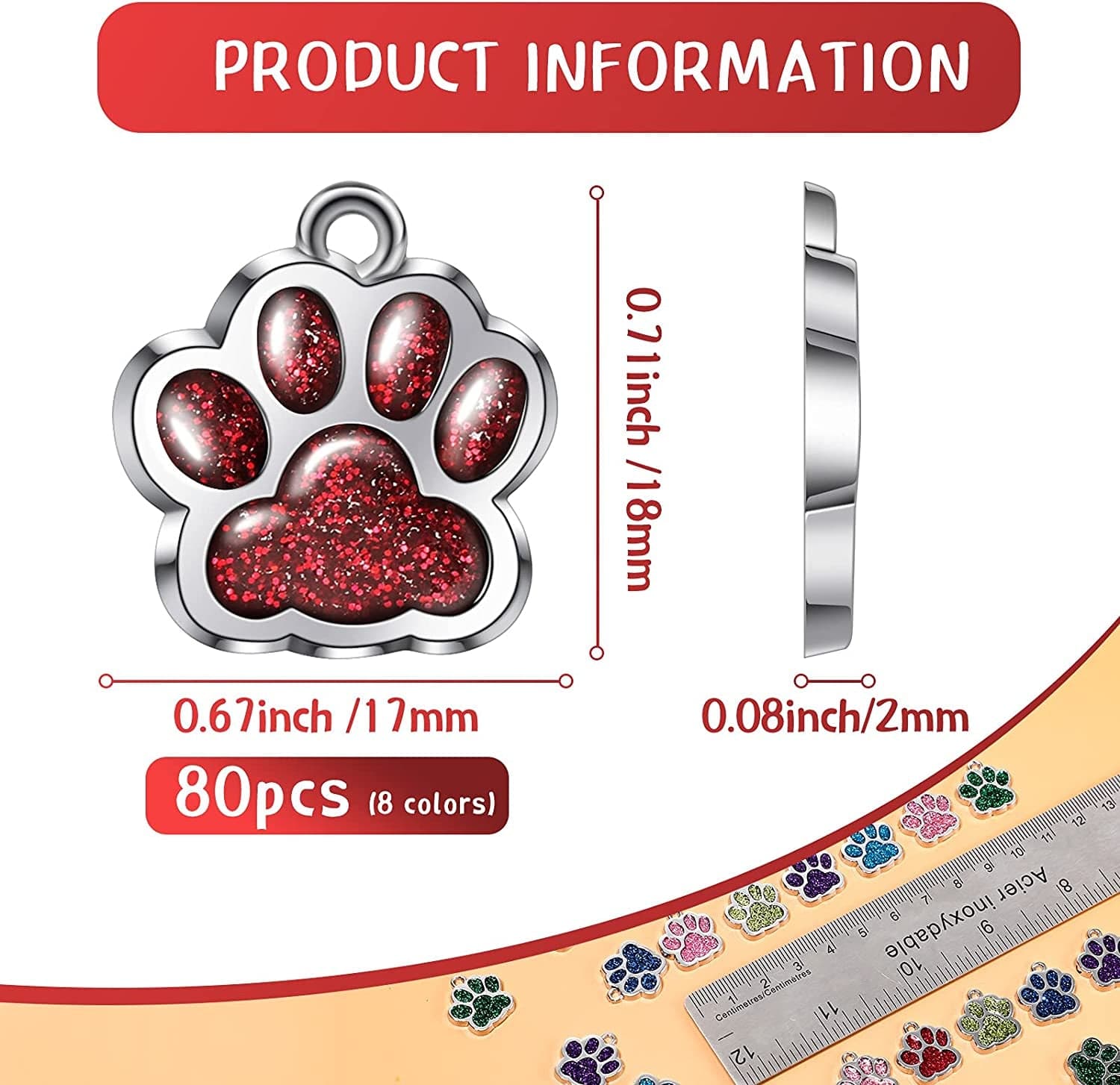 80 Pieces Animal Cat Dog Paw Print Charms Pendants Crystal Beads Glitter Footprint Jewelry Findings for Jewelry Making DIY Necklace Bracelet, 8 Colors