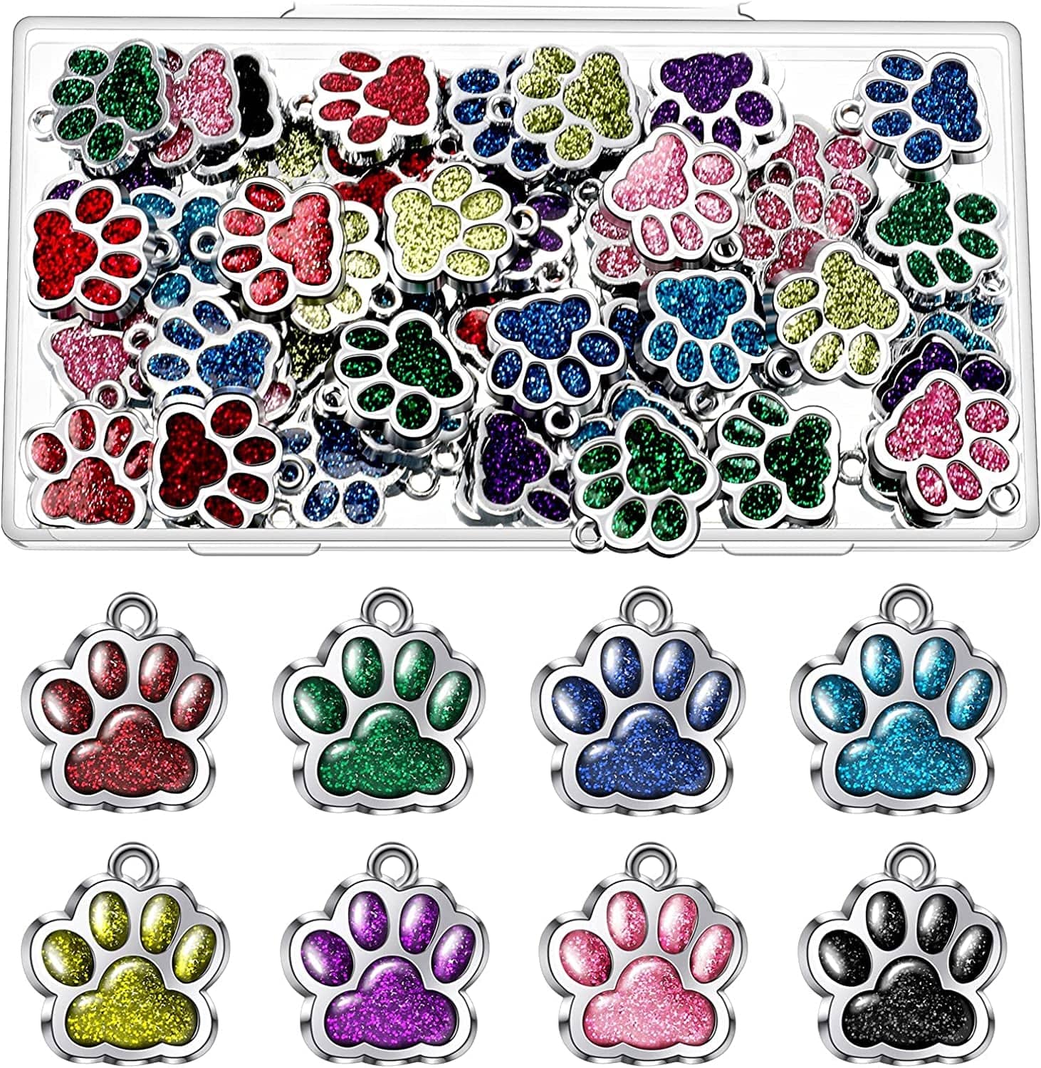 80 Pieces Animal Cat Dog Paw Print Charms Pendants Crystal Beads Glitter Footprint Jewelry Findings for Jewelry Making DIY Necklace Bracelet, 8 Colors Glitter Style