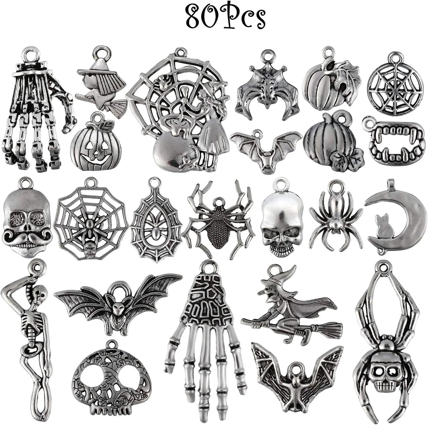 80 Pieces Halloween Charms Pendants Antique Silver Pendants Halloween Jewelry Making Accessory for DIY Necklace Bracelet