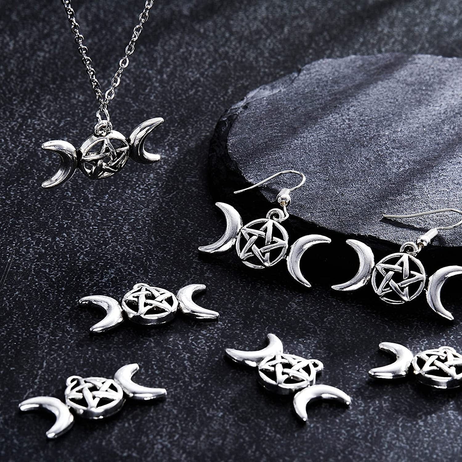 80 Pieces Triple Moon Goddess Pendant Charm Pentacle Pentagram Crescent Moon Pendant Vintage Style Necklace Accessory for DIY Crafts Jewelry Decorations Silver