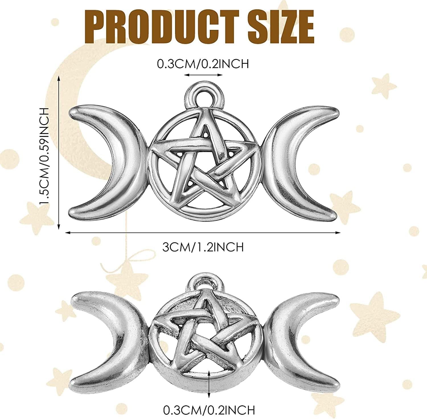 80 Pieces Triple Moon Goddess Pendant Charm Pentacle Pentagram Crescent Moon Pendant Vintage Style Necklace Accessory for DIY Crafts Jewelry Decorations Silver
