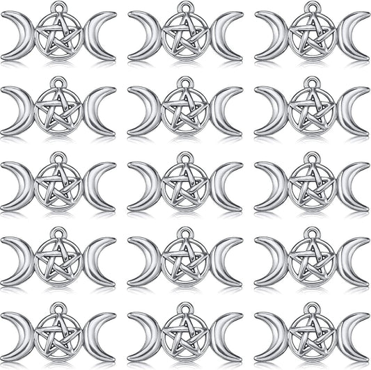 80 Pieces Triple Moon Goddess Pendant Charm Pentacle Pentagram Crescent Moon Pendant Vintage Style Necklace Accessory for DIY Crafts Jewelry Decorations Silver