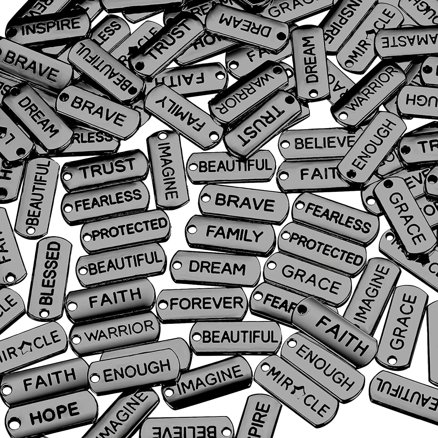 80 Pieces Word Charms Pendants Engraved Motivational Charms Pendants Jewelry Making Accessories for DIY Necklaces, Bracelets, Key Chains(Silver) Black