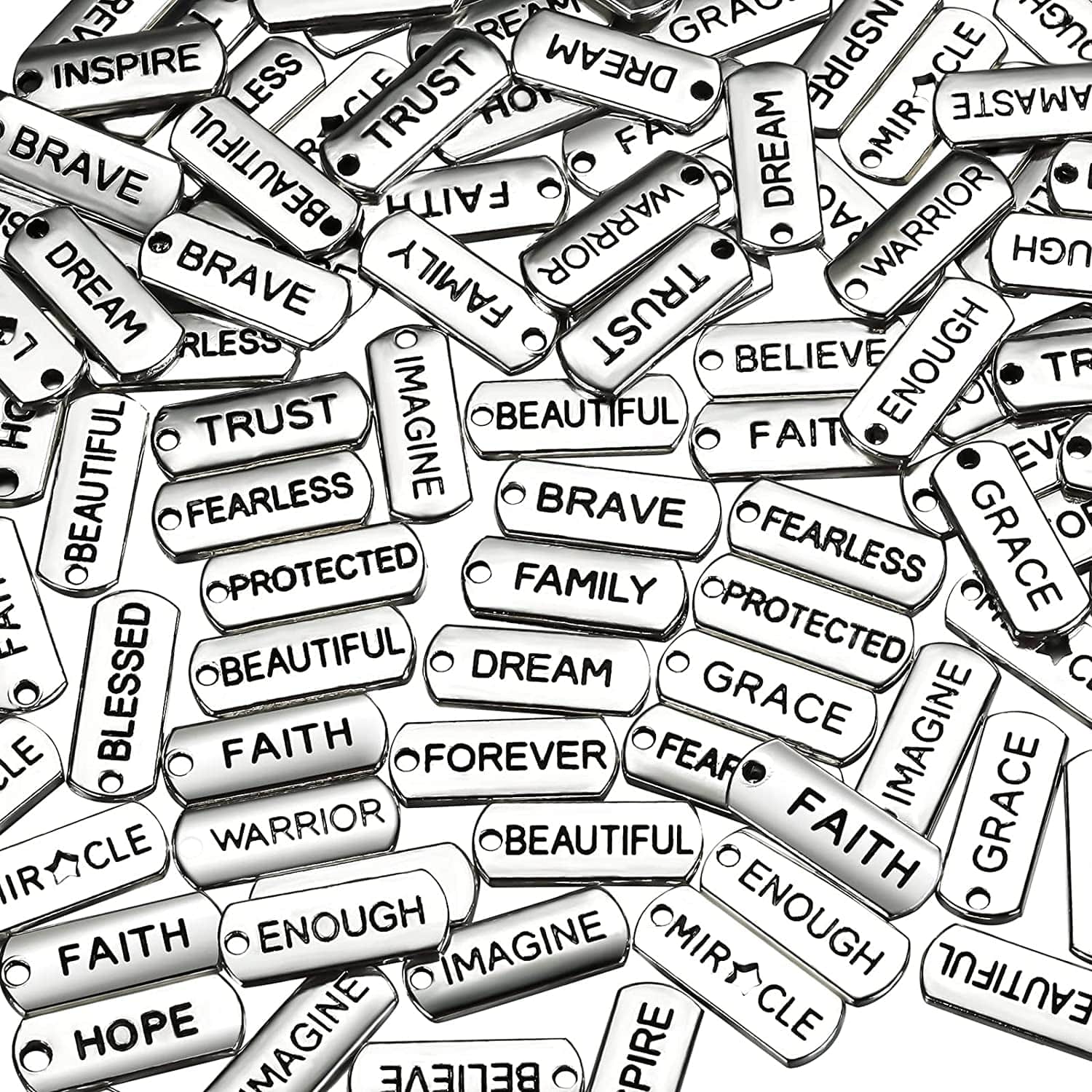 80 Pieces Word Charms Pendants Engraved Motivational Charms Pendants Jewelry Making Accessories for DIY Necklaces, Bracelets, Key Chains(Silver) Silver