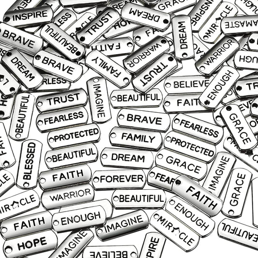 80 Pieces Word Charms Pendants Engraved Motivational Charms Pendants Jewelry Making Accessories for DIY Necklaces, Bracelets, Key Chains(Silver) Silver