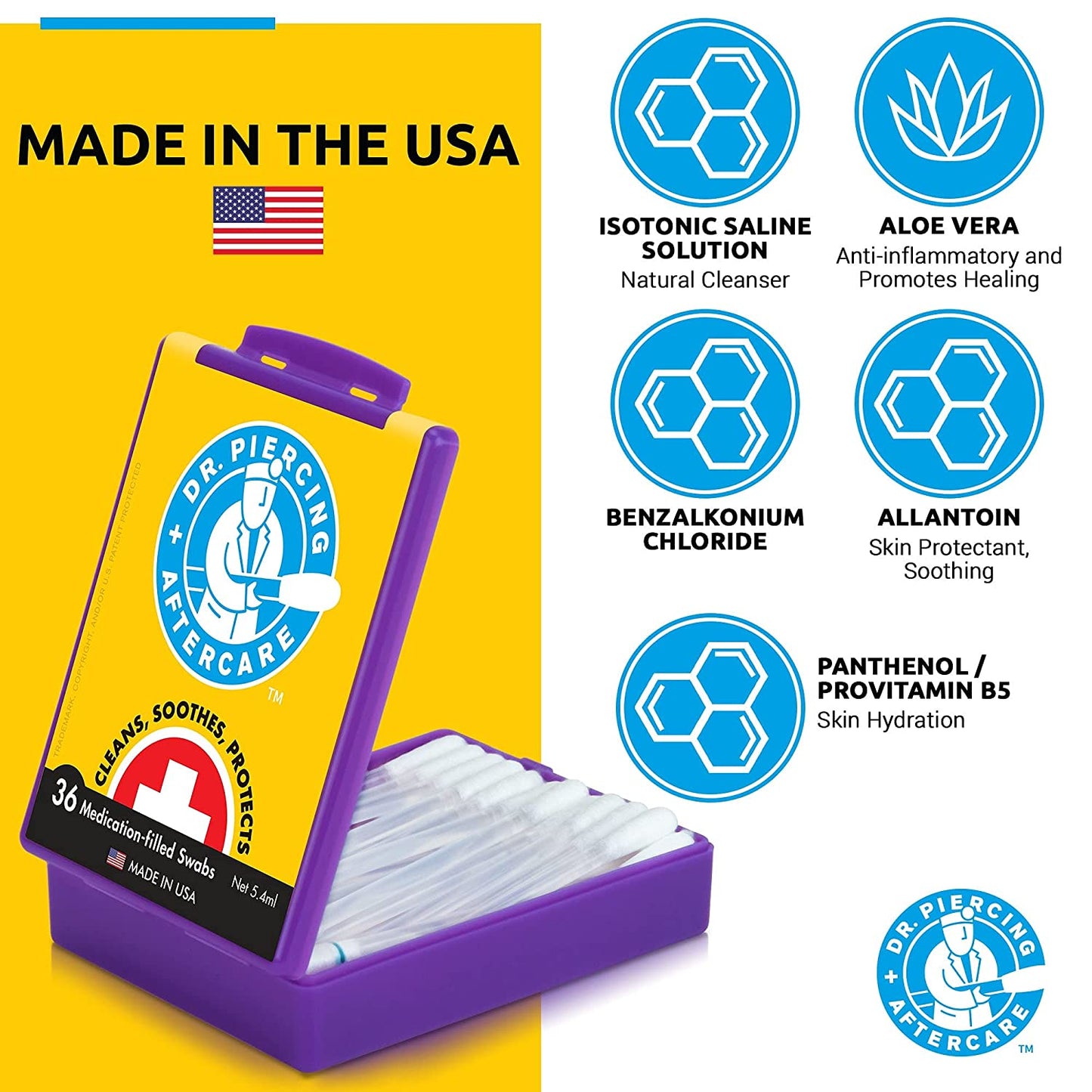 Dr. Piercing Aftercare Medicated Swabs Treat Ear, Nose, Belly, and Body Piercings - Gentle Saline Solution for Piercings - Cleaning Swab Helps Soothe & Hydrate Recovering Skin - 36 Swabs (1-Pack) Apparel & Accessories > Jewelry > Body Jewelry Dr. Piercing's Aftercare