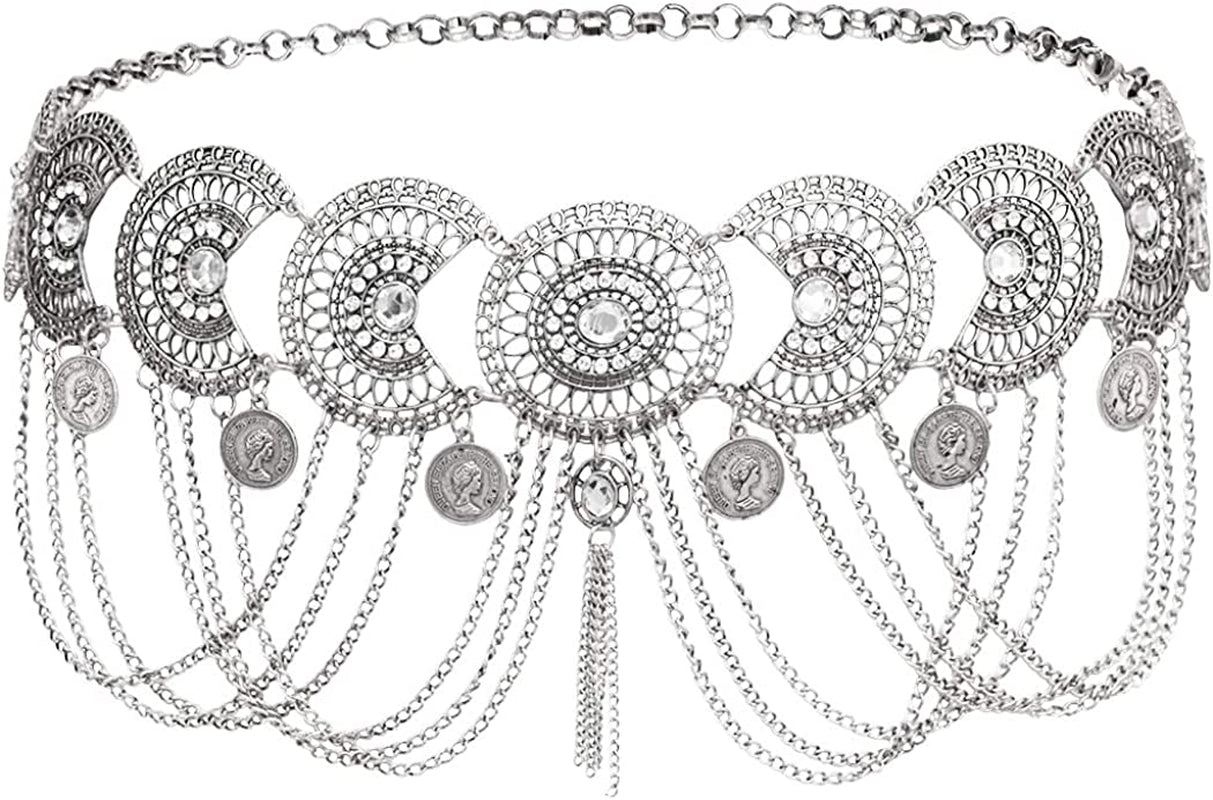 Idealway Vintage Waist Chain Hollow Carving Rhinestone Crystal Body Chain Summer Beach Body Waist Chain Jewelry Apparel & Accessories > Jewelry > Body Jewelry idealway 1 Silver Hotest
