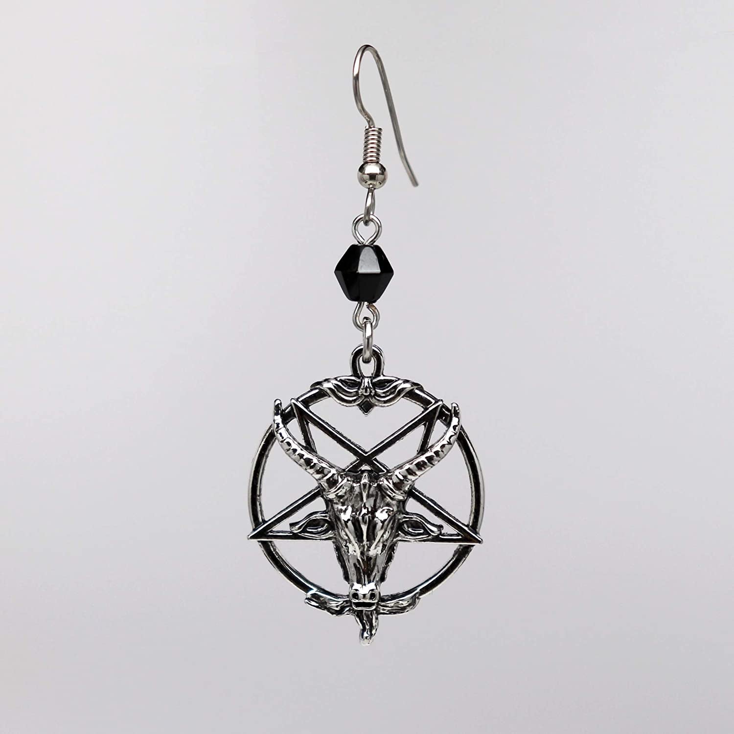 Baphomet Satanic Goat Head Inverted Pentagram Silver Finish Dangle Earrings Apparel & Accessories > Jewelry > Earrings Real Metal