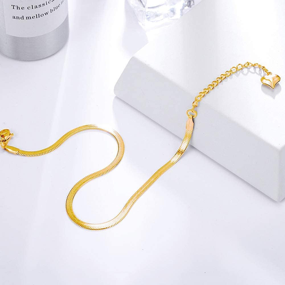 QJLE 18K Gold Plated Flat Snake Chain Link Dainty Ankle Bracelets for Women, Boho Cute Summer Beach Anklet Adjustable Foot Jewelry Apparel & Accessories > Jewelry > Anklets QJLE
