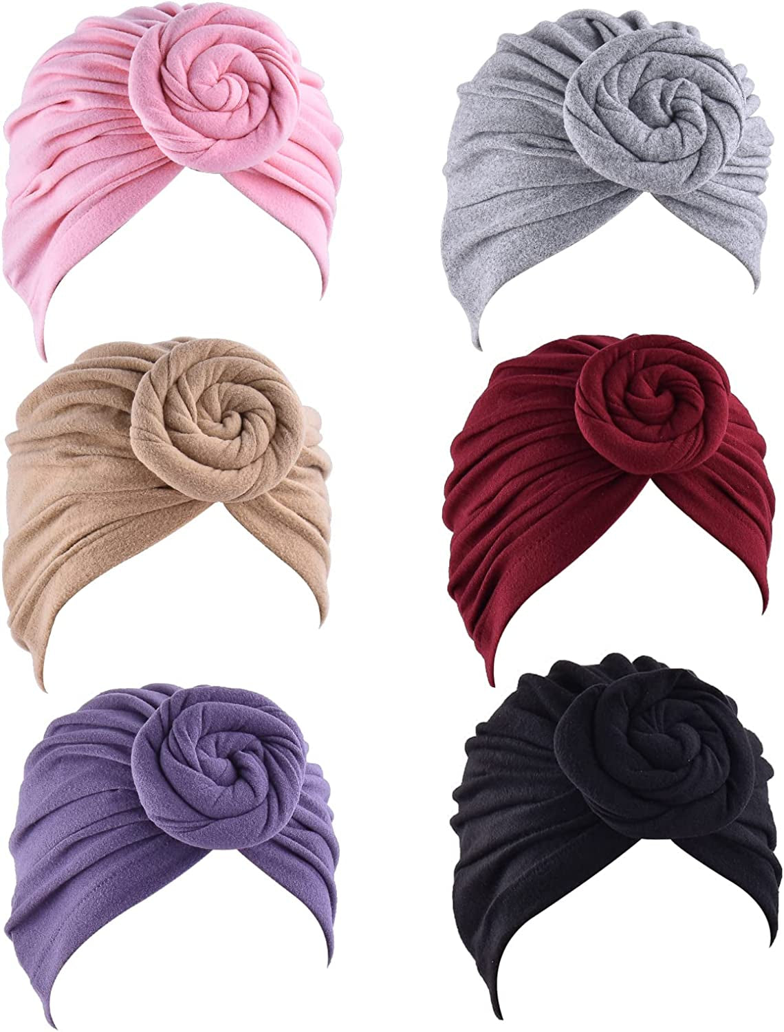 WKJHO 6 Pieces Women Turban Hat African Flower Knot Pre-Tied Bonnet Beanie Cap Headwrap for Girls Apparel & Accessories > Clothing Accessories > Bandanas & Headties Generic Brown,purple