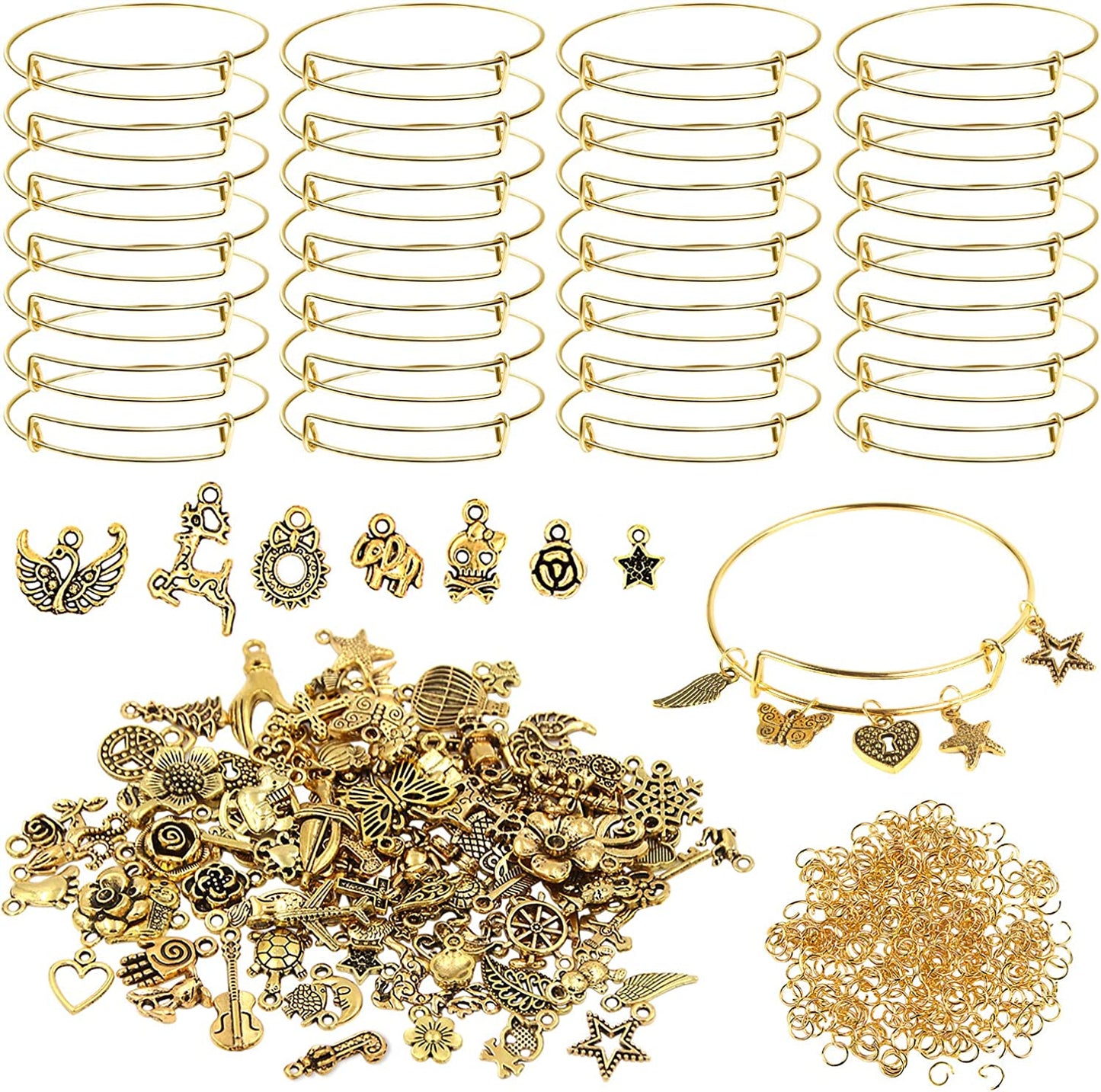 UPINS 30Pcs Silver Expandable Blank Bracelets Adjustable Wire Bangles with 100Pcs Tibetan Silver Charms, 200Pcs Open Jump Rings for Jewelry Making Apparel & Accessories > Jewelry > Bracelets UPINS Golden