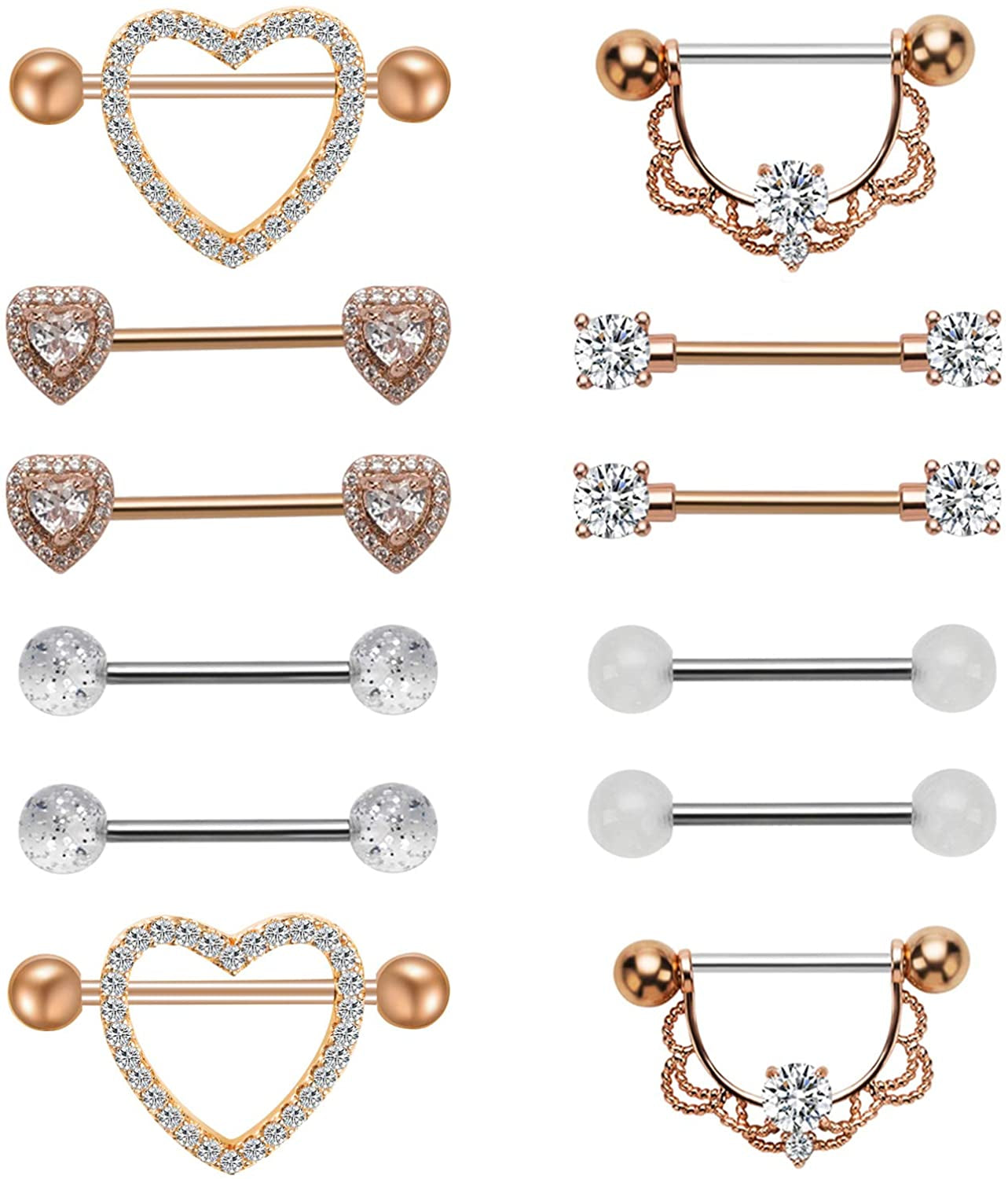 NASAMA Stainless Steel Acrylic Nipple Rings Tongue Ring CZ Barbell Heart-Shape Piercing Body Jewelry Apparel & Accessories > Jewelry > Body Jewelry NASAMA 6pair Rose gold