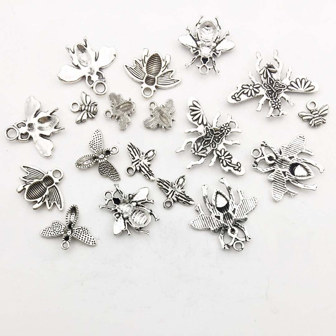 80PCS Bee Charms Collection - Antique Silver Tone Honey Bee Fly Insect Metal Pendants for Jewelry Making DIY Findings (HM119)
