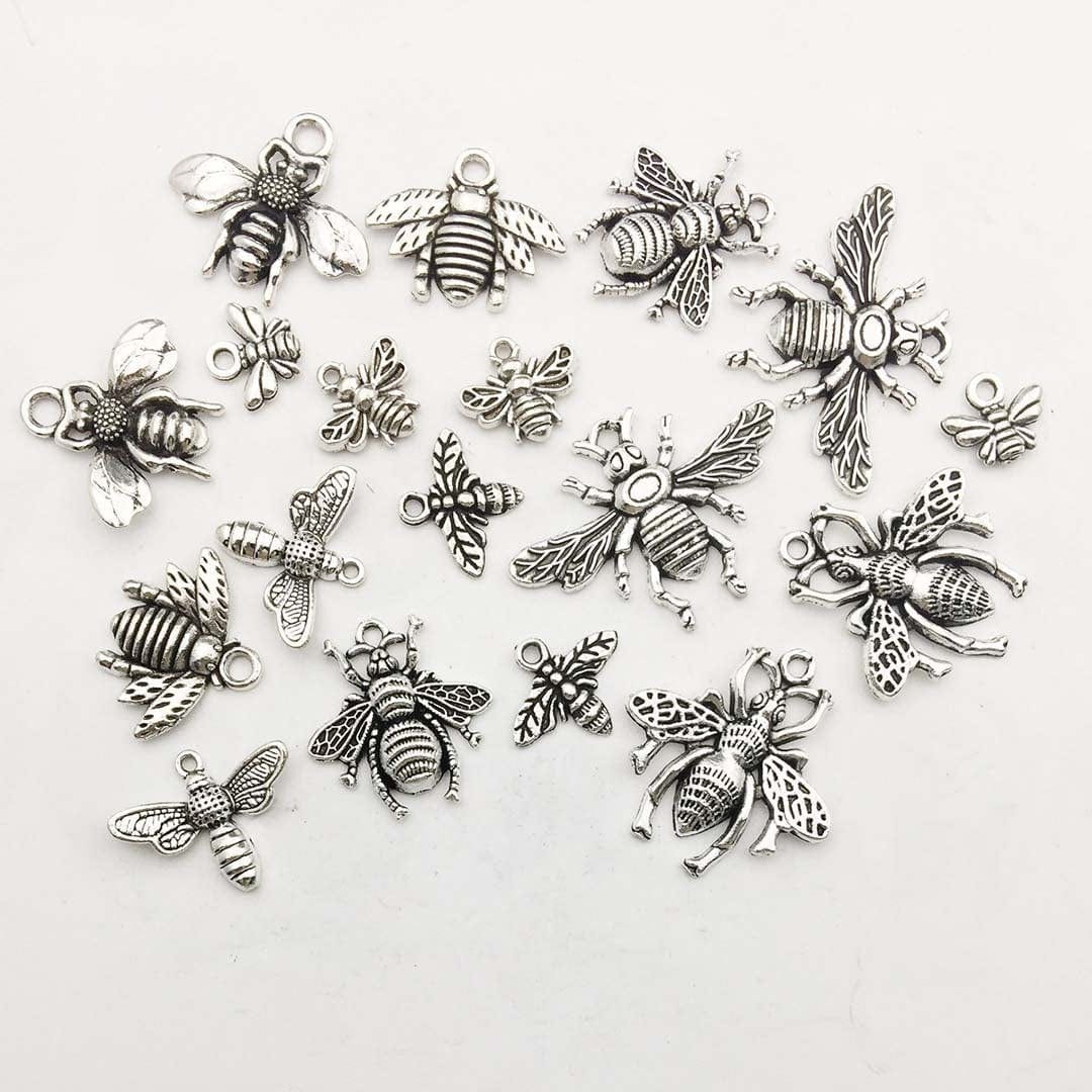 80PCS Bee Charms Collection - Antique Silver Tone Honey Bee Fly Insect Metal Pendants for Jewelry Making DIY Findings (HM119)