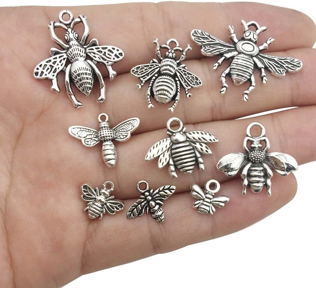 80PCS Bee Charms Collection - Antique Silver Tone Honey Bee Fly Insect Metal Pendants for Jewelry Making DIY Findings (HM119)