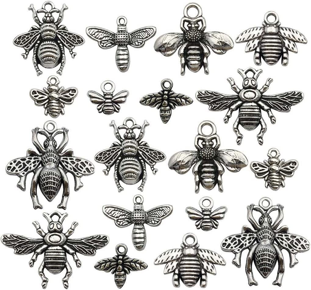 80PCS Bee Charms Collection - Antique Silver Tone Honey Bee Fly Insect Metal Pendants for Jewelry Making DIY Findings (HM119)