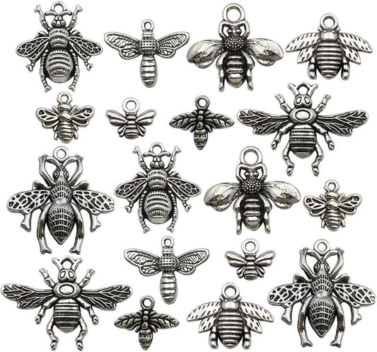 80PCS Bee Charms Collection - Antique Silver Tone Honey Bee Fly Insect Metal Pendants for Jewelry Making DIY Findings (HM119)