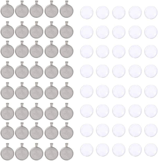 80Pcs Pendant Bezels and Clear Cabochon Domes Set for Photo Pendant Resin Craft Jewelry Making, 40Pcs Silver Pendant Trays with 40Pcs Transparent Glass Cabochons 1 Inch/25Mm Matching Silver