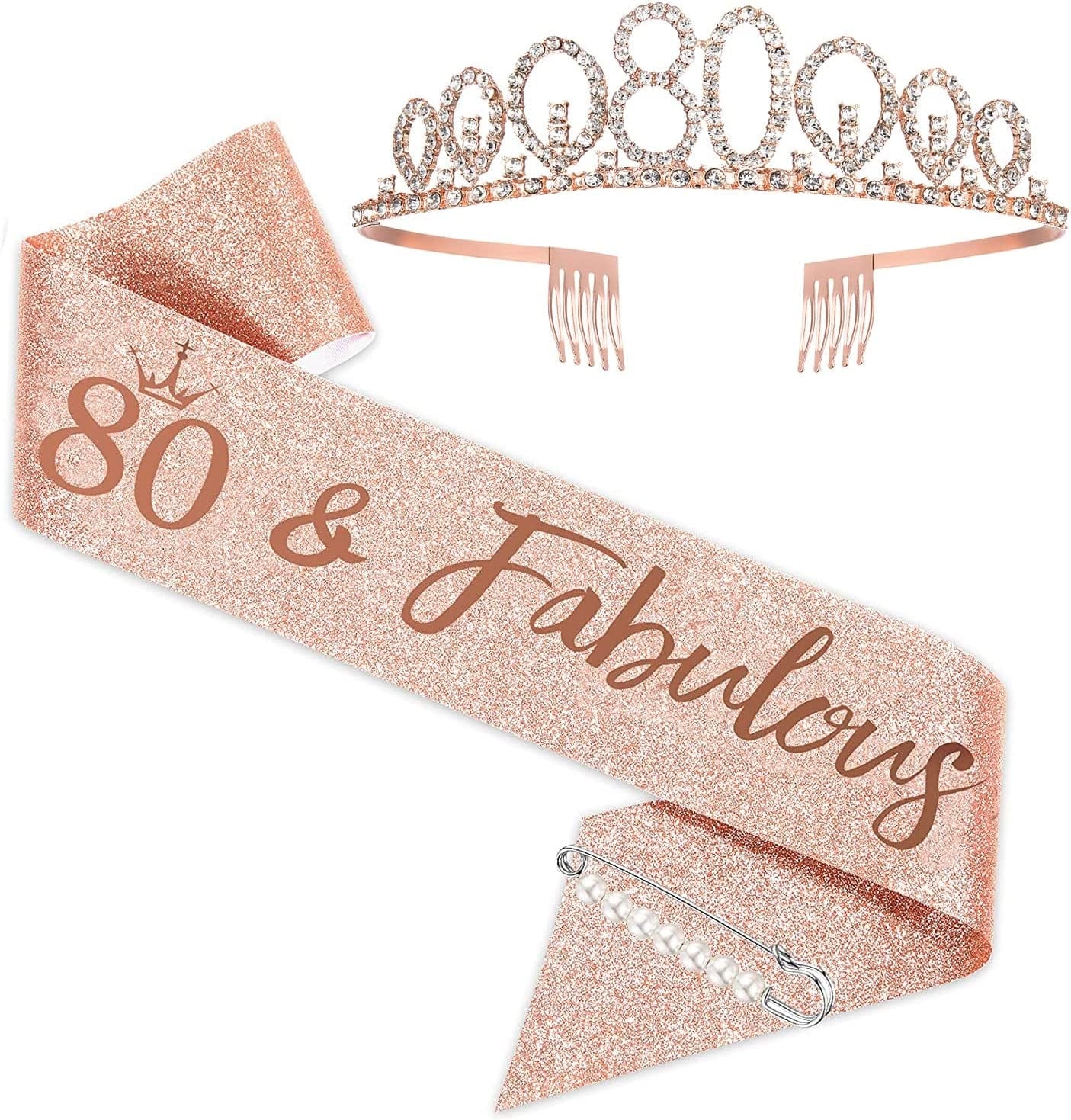 80Th Birthday Sash and Tiara for Women, Rose Gold Birthday Sash Crown 80 & Fabulous Sash and Tiara for Women, 80Th Birthday Gifts for Happy 80Th Birthday Party Favor Supplies Apparel & Accessories > Clothing Accessories > Sashes BRT Bearingshui