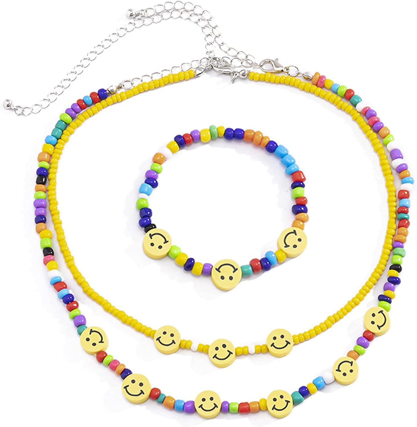 Boho Smiley Layered Beaded Necklaces with Strand Bracelet, Smile Face Star Fruits Flowers Heart Shape Beads Pearl Stackable Collar Necklace Anklet for Women Girls Vsco Summer Beach Trip Apparel & Accessories > Jewelry > Anklets Bincon A 3pcs smiley