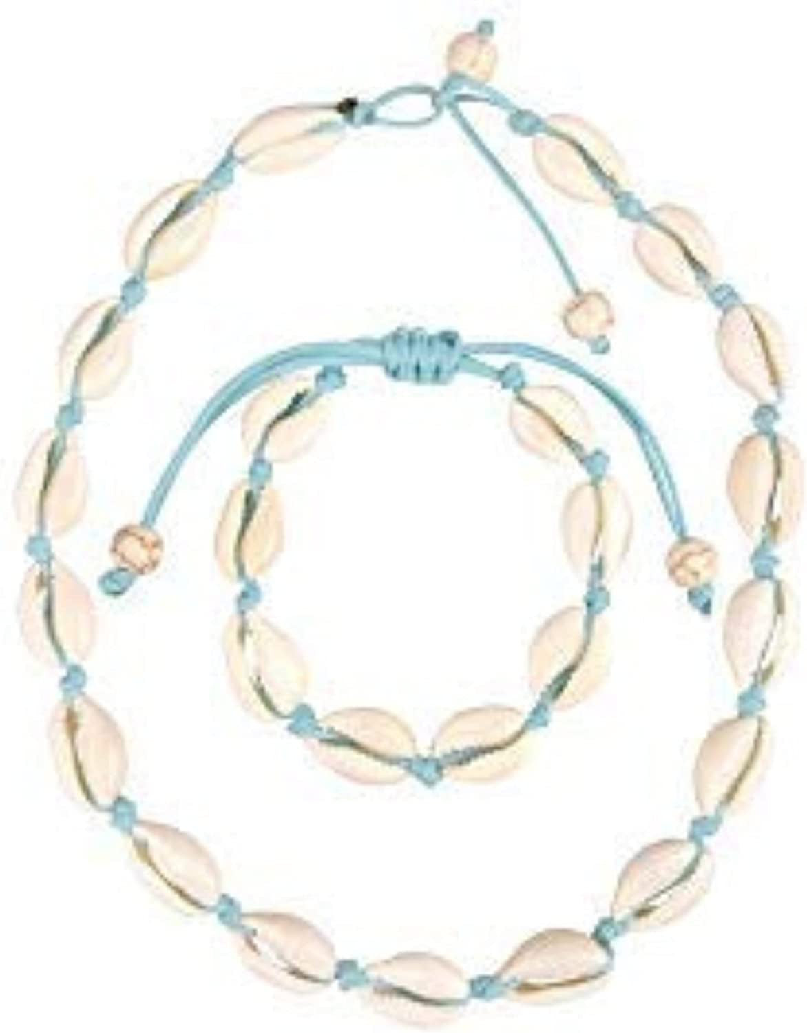 Believe London Natural Shell Necklace Bracelet Anklet Choker Seashell Women Men Statement Adjustable Beads Wakiki Beach Sea Shell Pendant Turtle Girls Cord Collar Set Hawaiian Jewelry Apparel & Accessories > Jewelry > Anklets Believe London Ocean Blue Necklace & Bracelet Set