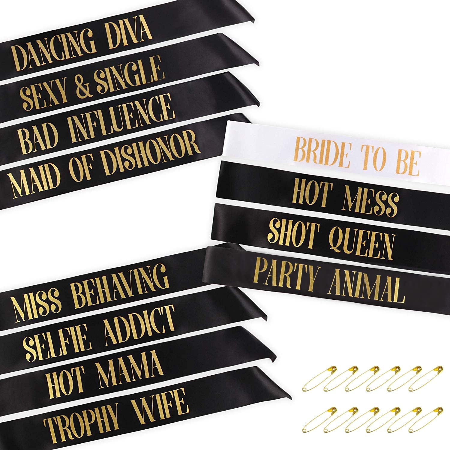Snsowed 12 Pack- Bachelorette Party Bride to Be Sash- Unique Bride Bridesmaid Sashes for Bachelorette Party (Black, Rose Gold Letters) Apparel & Accessories > Clothing Accessories > Sashes Snsowed