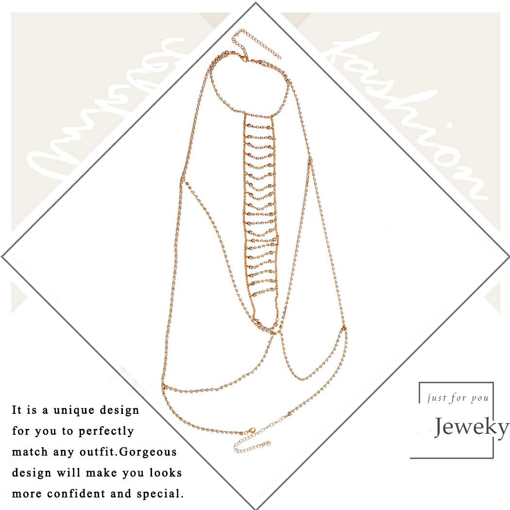 Jeweky Boho Crystal Body Chain Gold Rhinestone Harness Bra Jewelry Beach Bikini Body Jewelry for Women and Girls Apparel & Accessories > Jewelry > Body Jewelry Artist Unknown